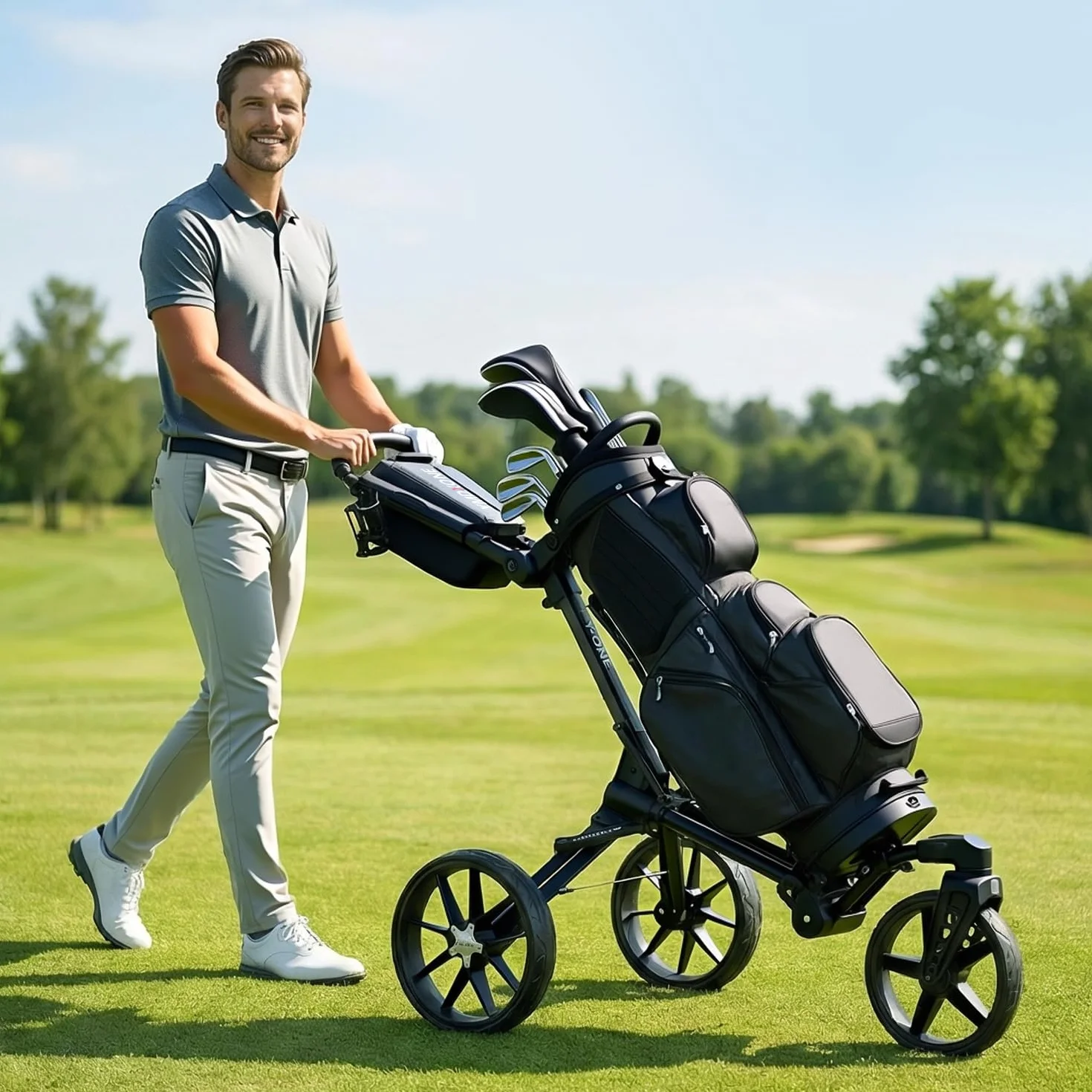 Trolley da golf 3 ruote con ruota anteriore girevole 360° pieghevole vano portaoggetti manico regolabile
