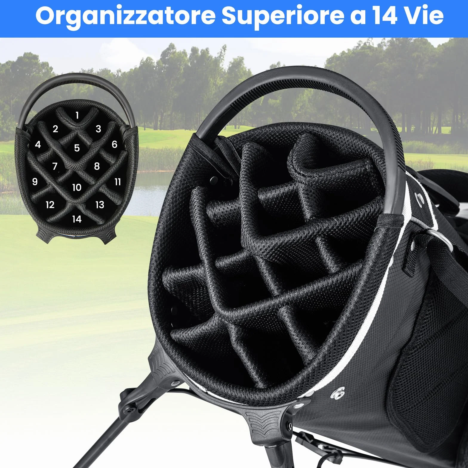 COSTWAY Borsa da Golf con Supporto, Divisori a 14 Vie, 6 Tasche, Borsa Frigo, Doppia Tracolla e Cappuccio Antipioggia