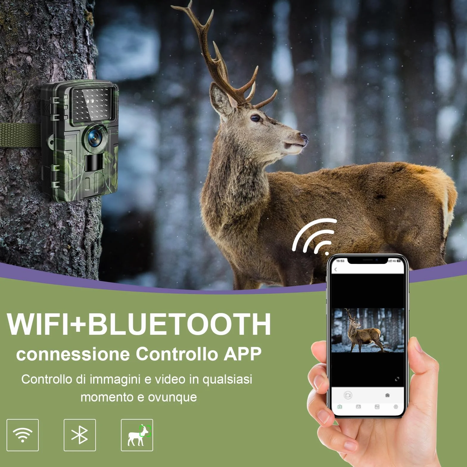 Fototrappola WiFi 4K 60MP con App, Notturna IR Visione 120 Ultra Grandangolo, Sensore di Movimento, 0,2s, 940nm