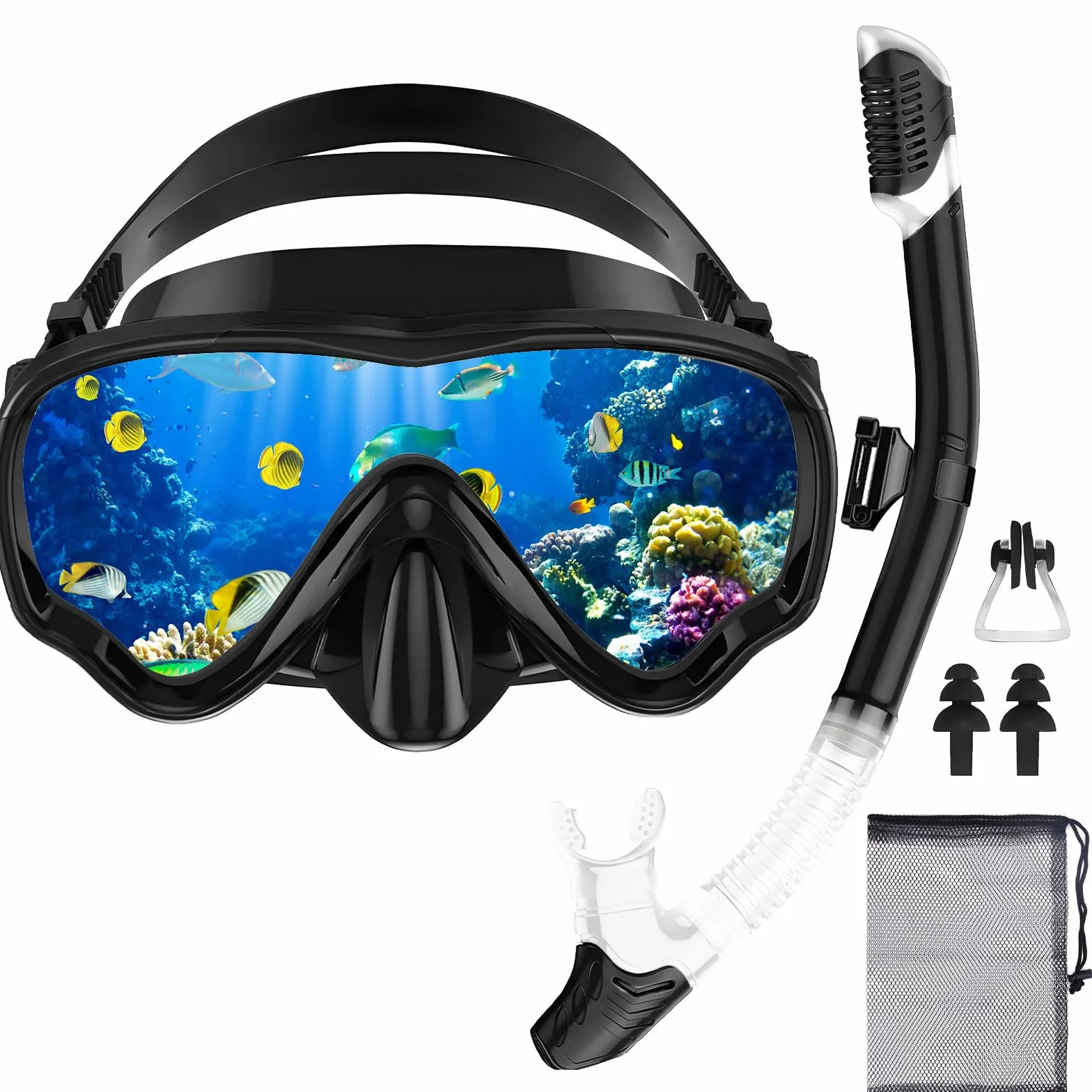 Maschera Snorkeling Panoramica 180° Anti-Nebbia Subacquea Adulti con Boccaglio Nero