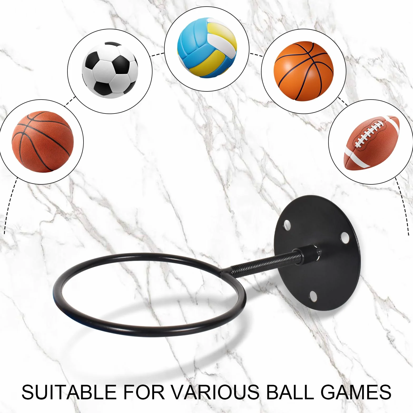 Supporto da Parete per Pallacanestro, Pallone da Calcio, Pallavolo, Rugby in Metallo Nero