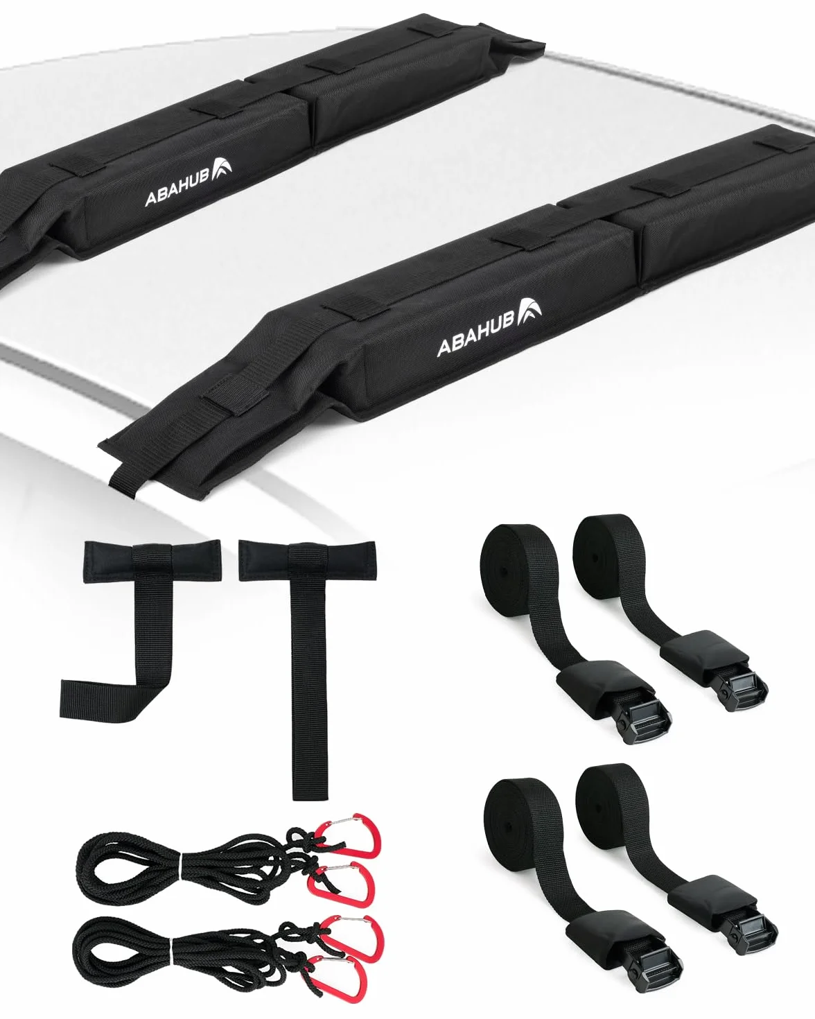 Abahub Soft Roof Rack Pads per tavola da surf, SUP, kayak, canoa, con 4 cinghie di ancoraggio, 2 corde di ancoraggio, 2 passanti per il cappuccio e custodia (da utilizzare senza traversa)