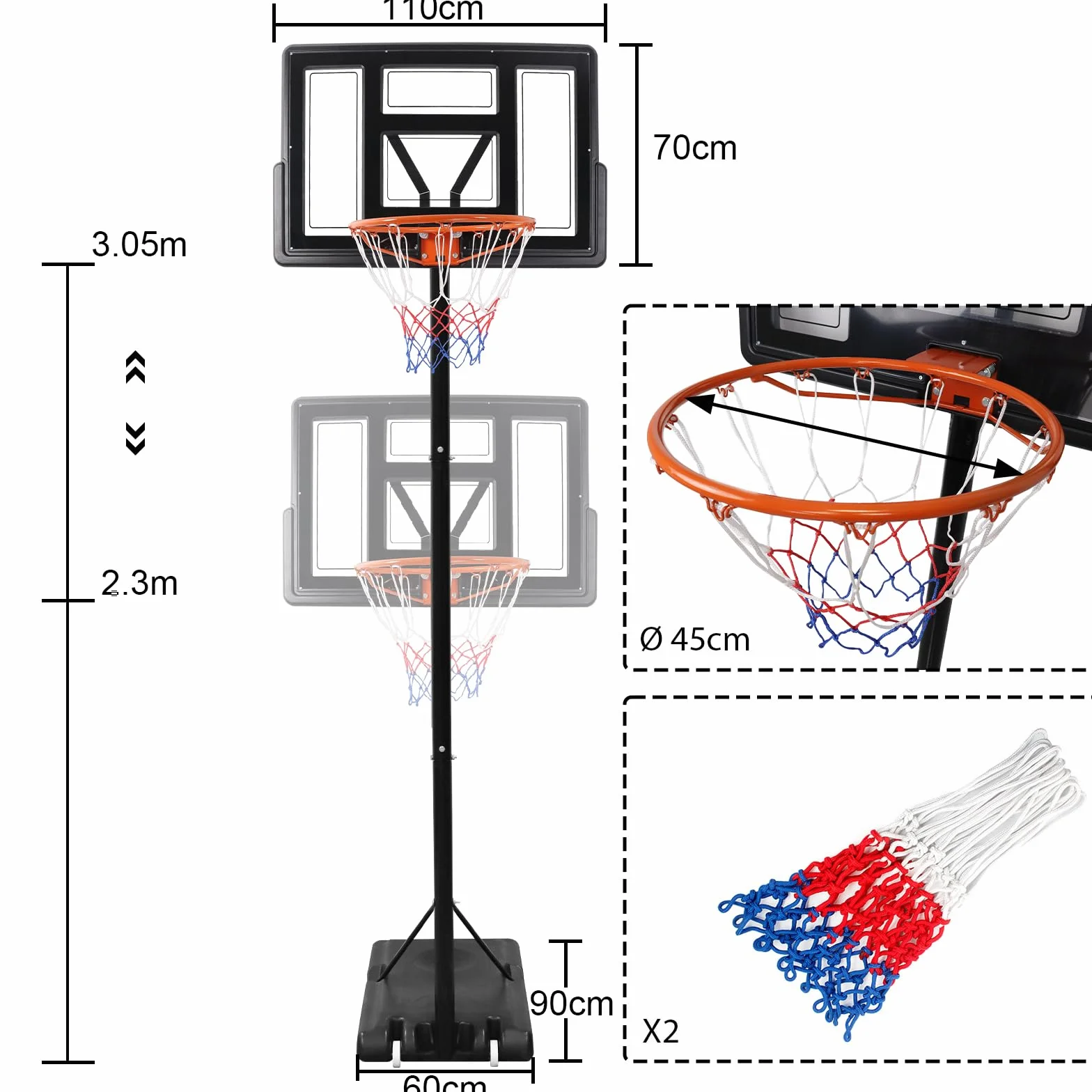 Canestro da Basket Regolabile Portatile con Ruote, Supporto per Basket da Esterno e Interno con Pallacanestro e Pompa