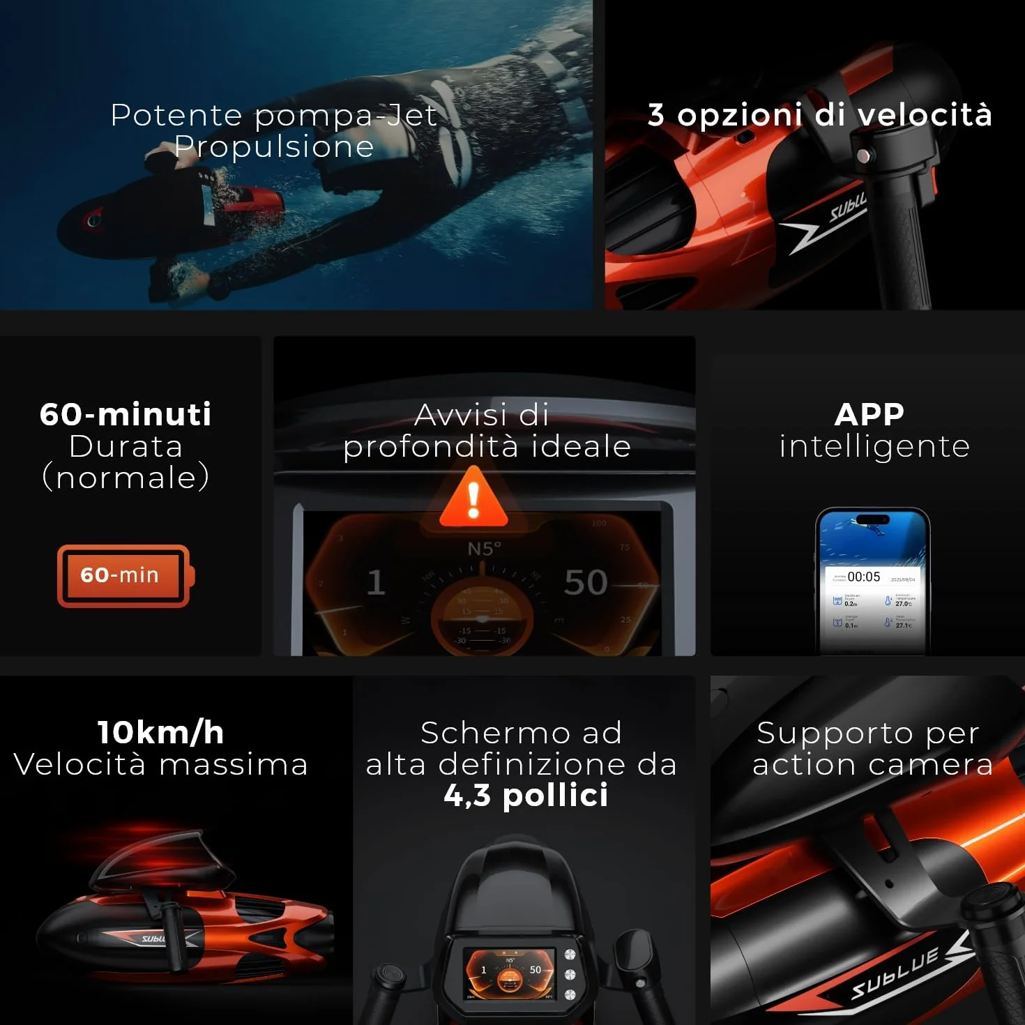 Sublue Vapor Pump-Jet Monopattino subacqueo 3 velocità 60 Minuti 10 km/h 21 kgf