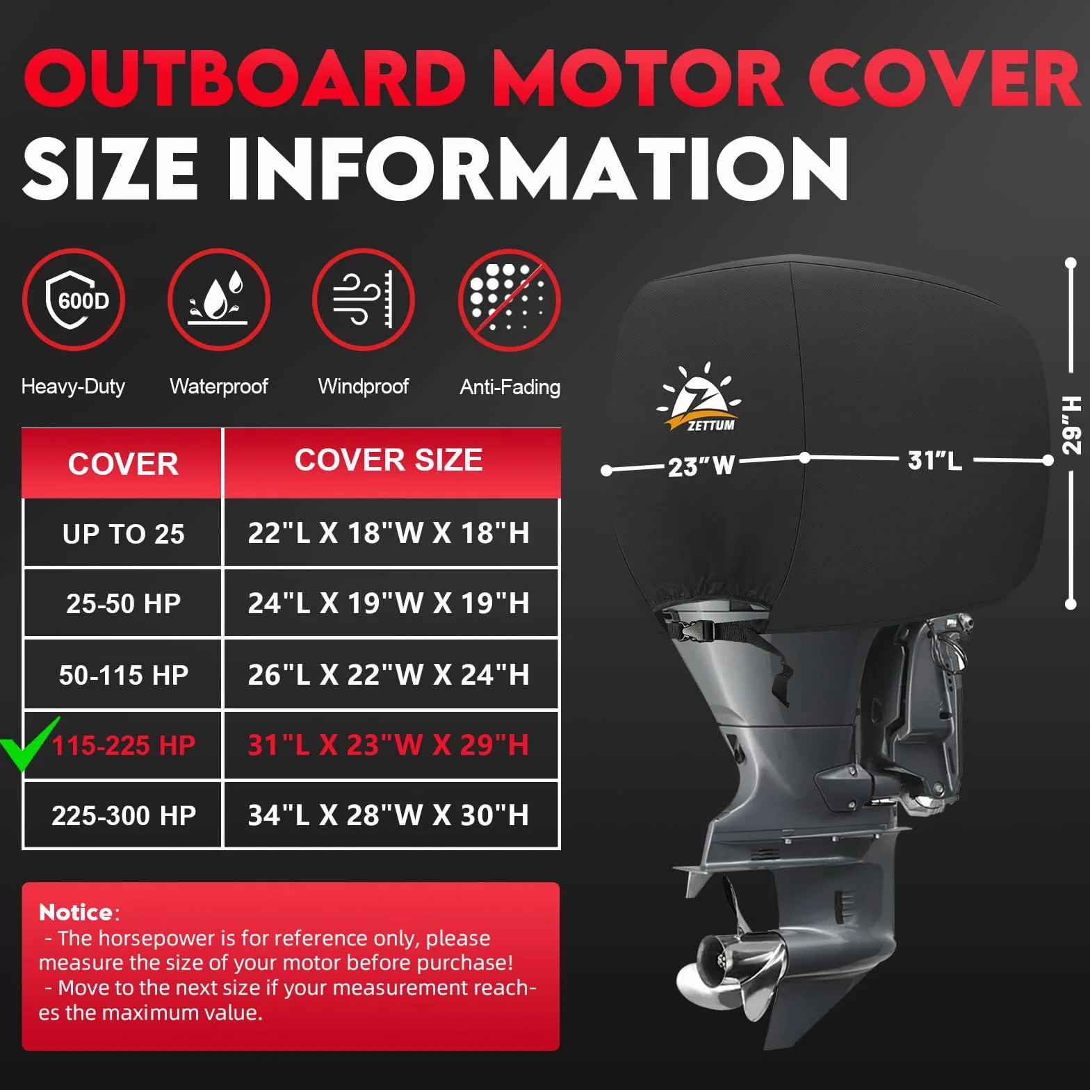 Zettum Copertura Motore Fuoribordo 115-225 HP 600D Oxford Impermeabile UV Resistente per Mercury
