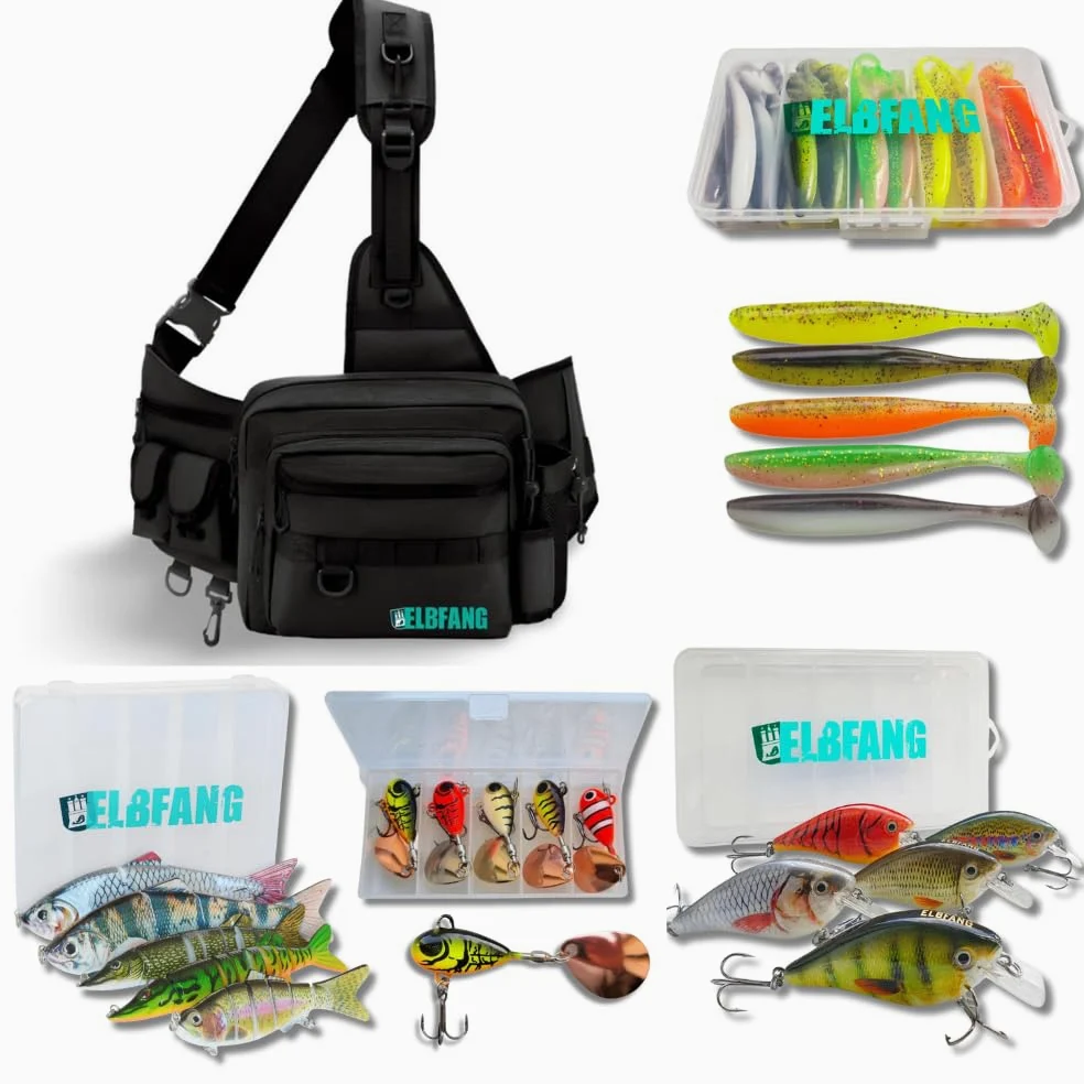 Borsa da pesca piena di scatole da pesca | completa di wobbler esche artificiali in gomma | accessori da pesca per luccio, lucioperca, pesce persico