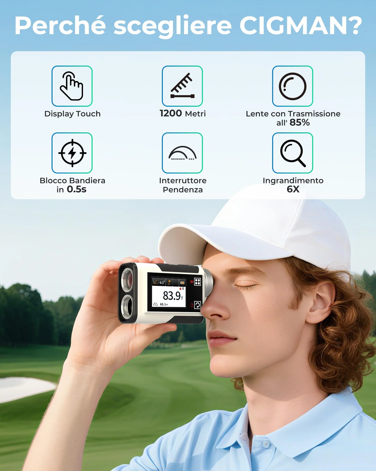 CIGMAN CT-1200PRO Golf Rangefinder Laser 1200Y ±1 m Display Touch Slope Oculare 25 mm Ricaricabile USB-C