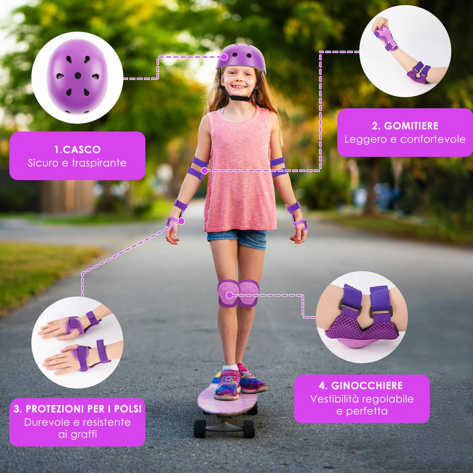 ZWOOS Protezioni Skateboard Bambino,Protezioni Bici Bambino con Casco Regolabile Ginocchiere Gomitiere, Protezioni Skateboard Bambini per Skateboard,Bicicletta,Pattinaggio, Monopattino (viola)