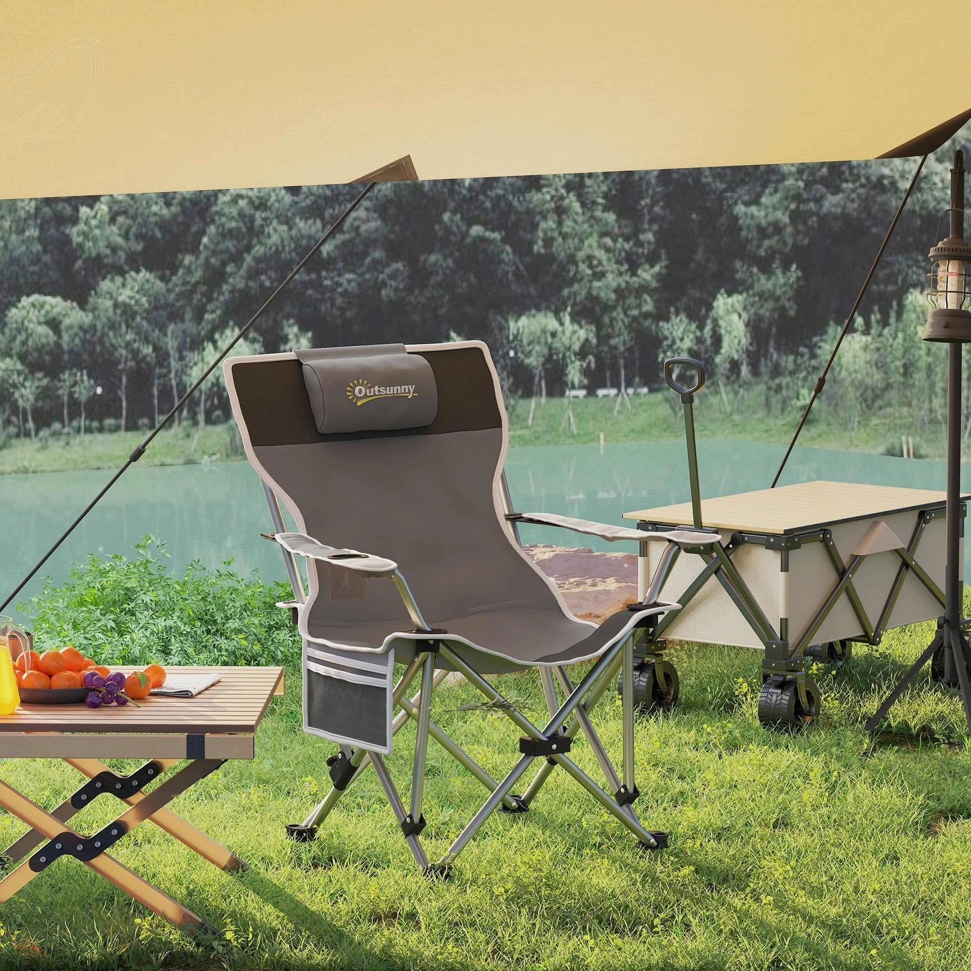 Outsunny Sedia da Campeggio Pieghevole con Poggiapiedi Staccabile, Portabicchieri e Tasca Laterale, Sedia da Giardino in Tessuto Oxford e Metallo, Portata Fino a 120 kg, 82x100x88 cm, Grigio