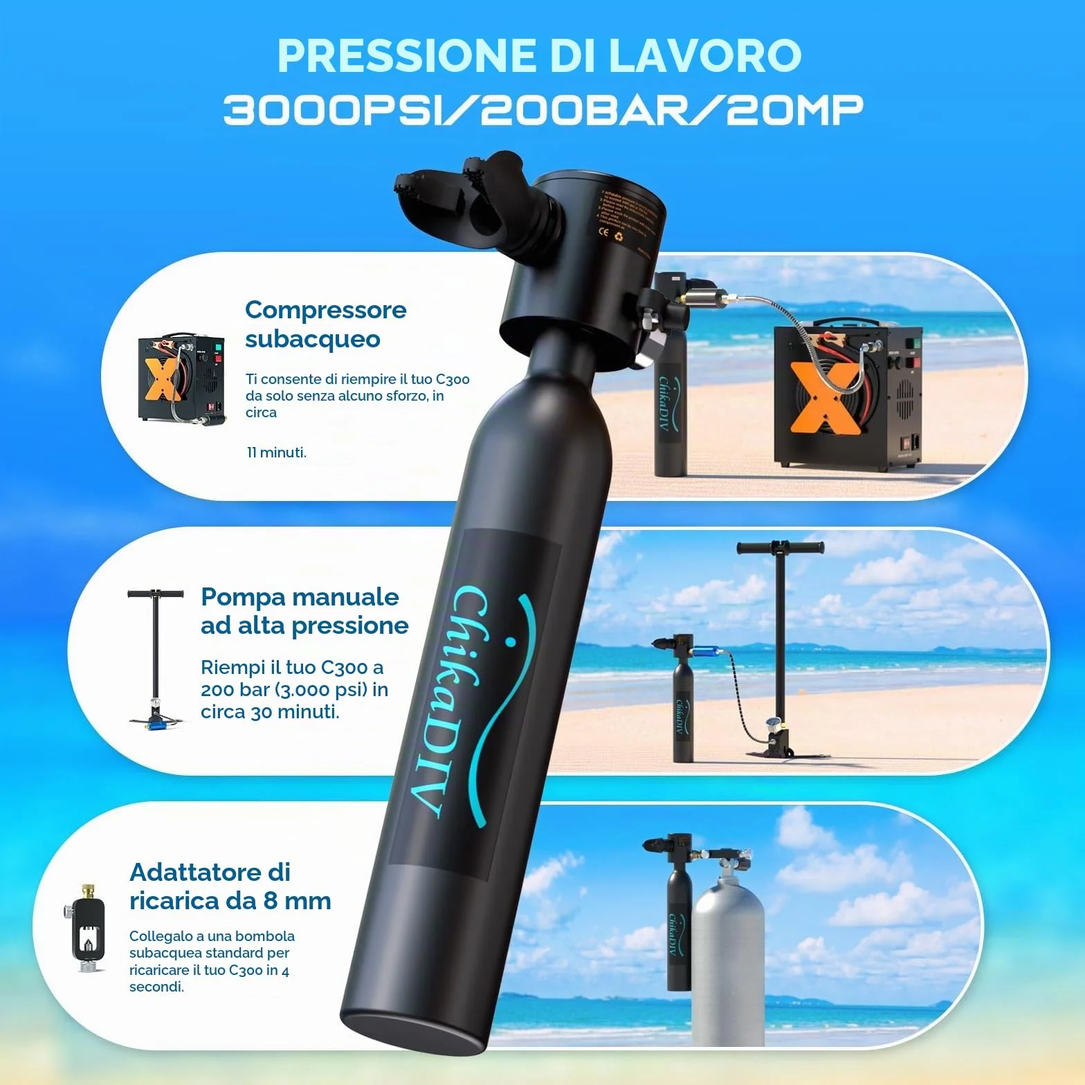 Mini Bombola Ossigeno Subacquea C300 0.5L Alluminio Aeronautico 5-10 Min Portatile Snorkeling