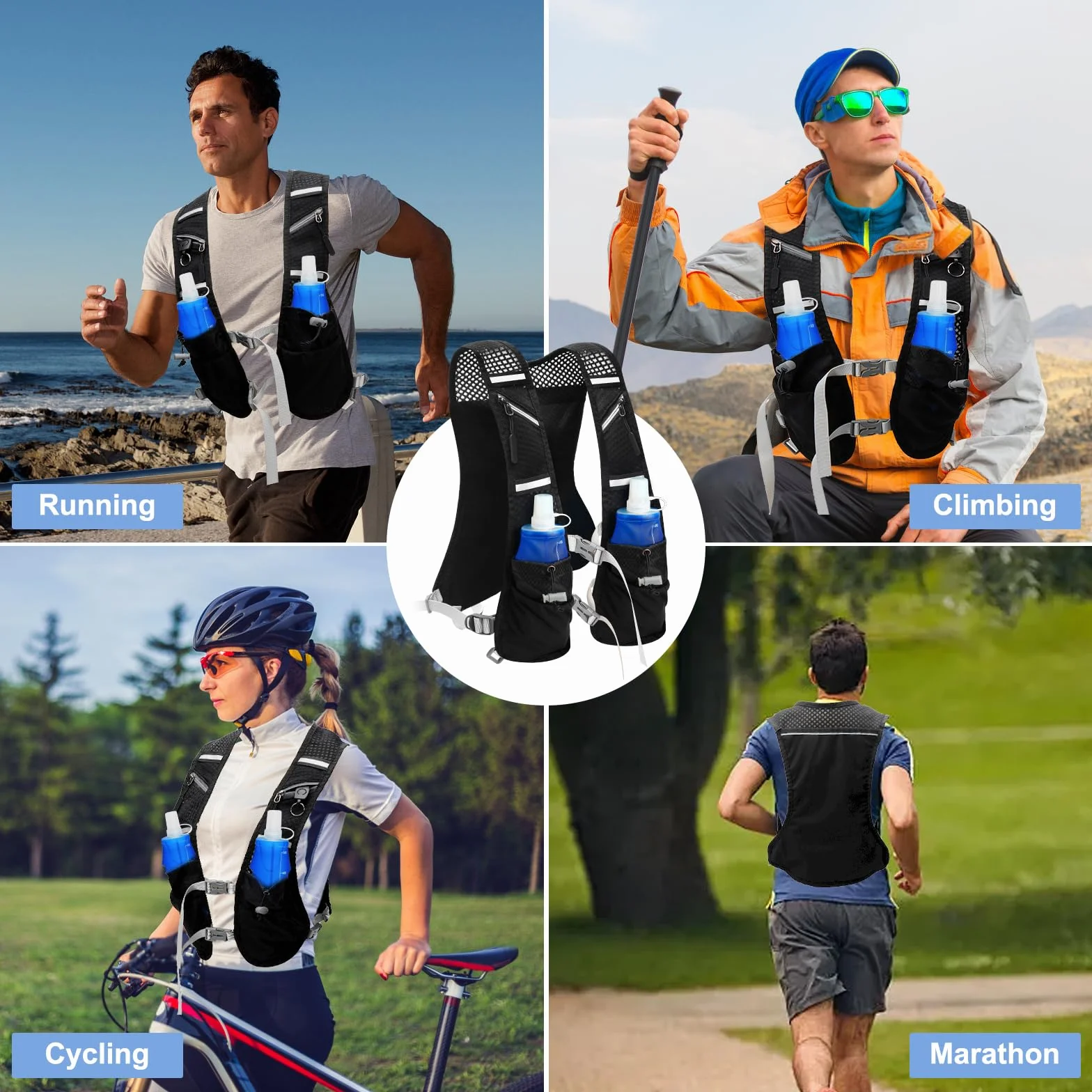 Gilet Running Super Leggero con 2 Borraccia Morbida 500ml, Zaino Trail Running per Uomo e Donna, Cinghie Pettorali Regolabili, Riflettente Traspirante per Corsa Maratona