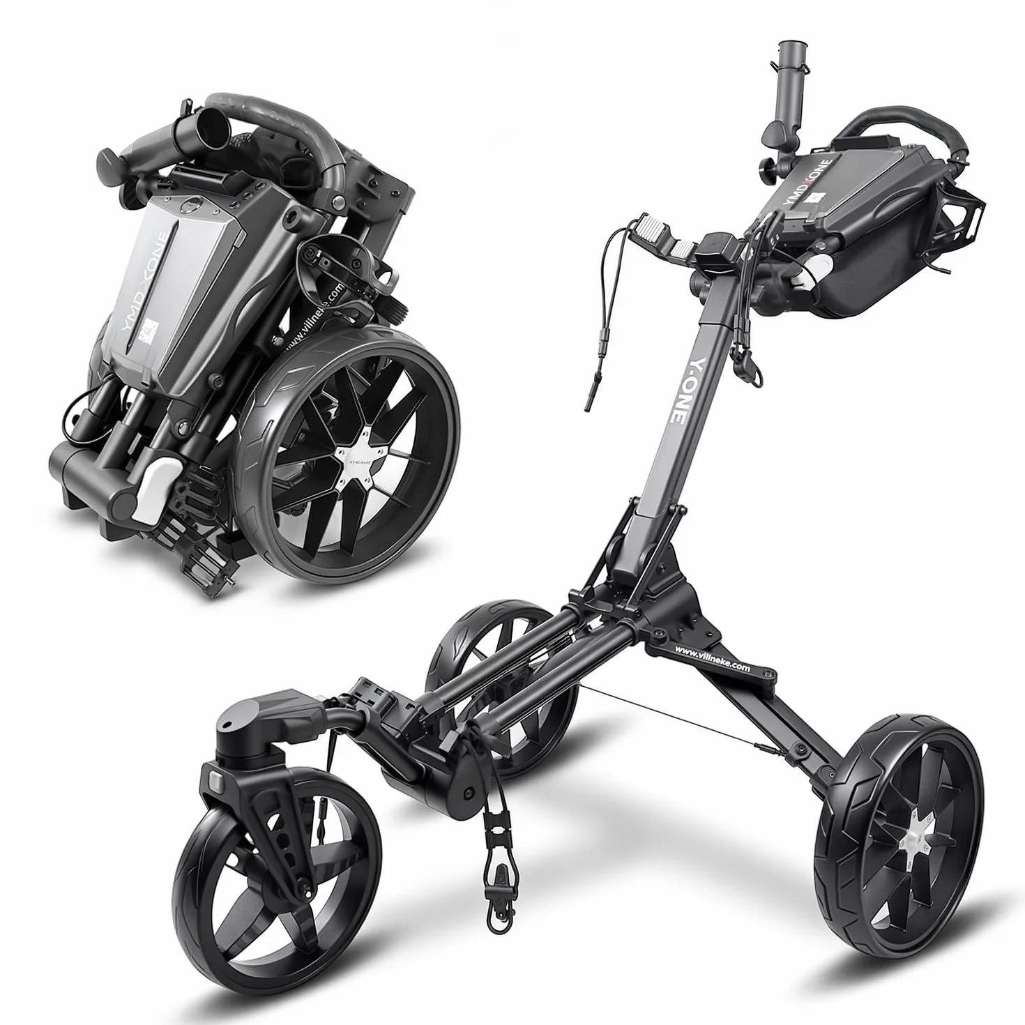 Trolley da golf 3 ruote con ruota anteriore girevole 360° pieghevole vano portaoggetti manico regolabile