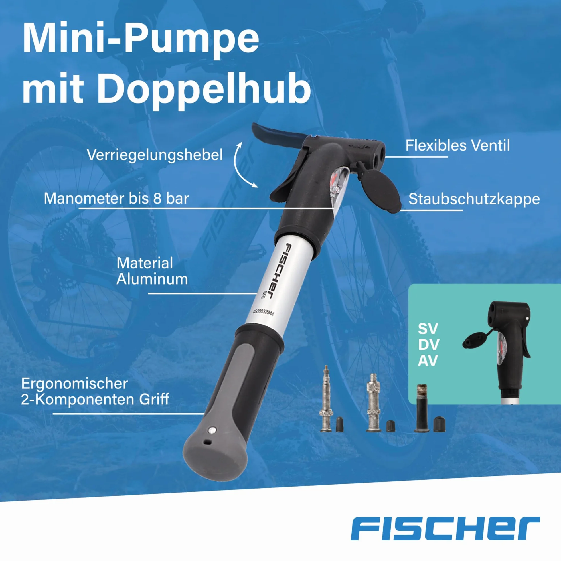 Fischer Mini-Pompa Alluminio Doppia Corsa Treppiedi Argento 85573