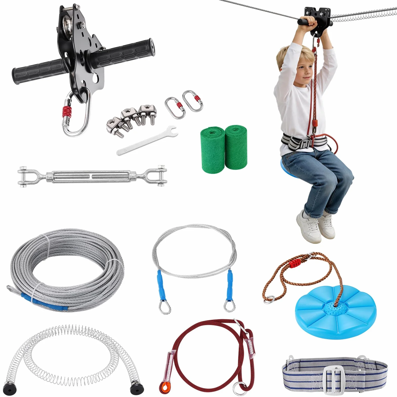 VEVOR Kit Teleferica Zipline 24,38 m Giardino Cortile Parco Corda Scivolo Corrimano Seduta Carico Max 149 kg