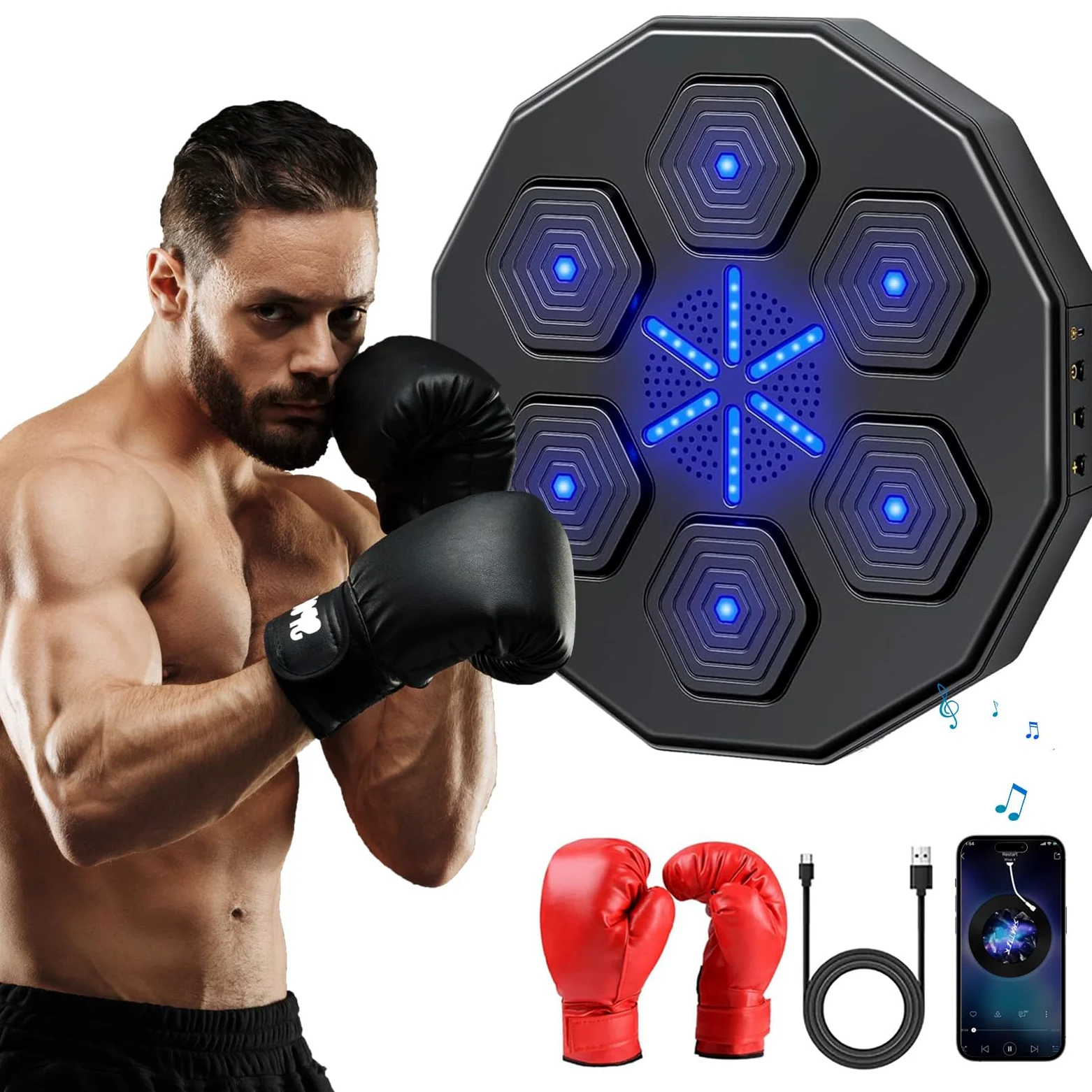 Macchina da Boxe Bluetooth con Musica, Macchina da Boxe Intelligente a Parete per Esercizi Domestici di Decompressione, Attrezzatura da Boxe con Guantoni da Boxe per Bambini, Adulti, Allenamento
