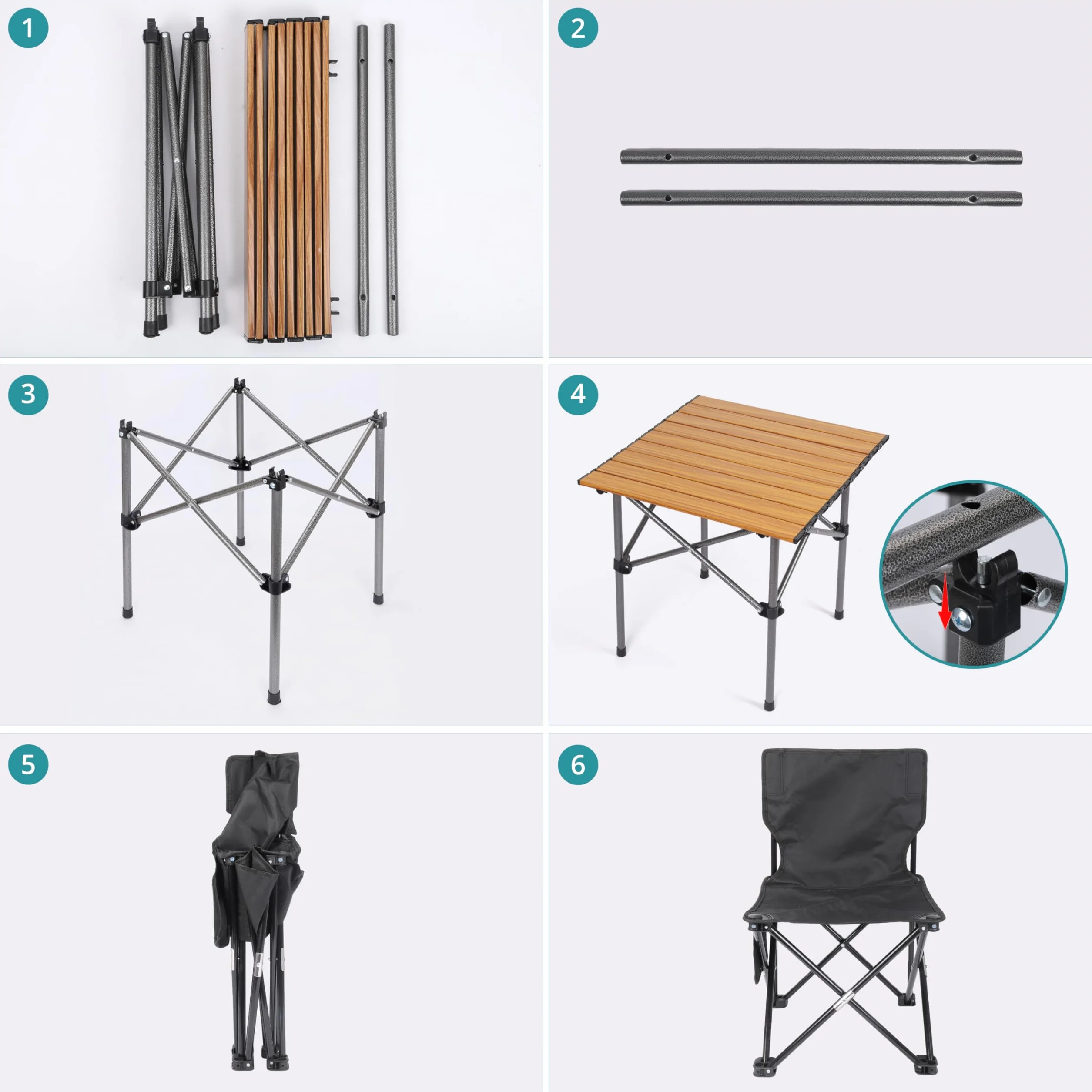 BELLE VOUS Set Campeggio 5 Pezzi Sedie e Tavolo Neri Pieghevoli Portatili per Esterno Interno Picnic Barbecue