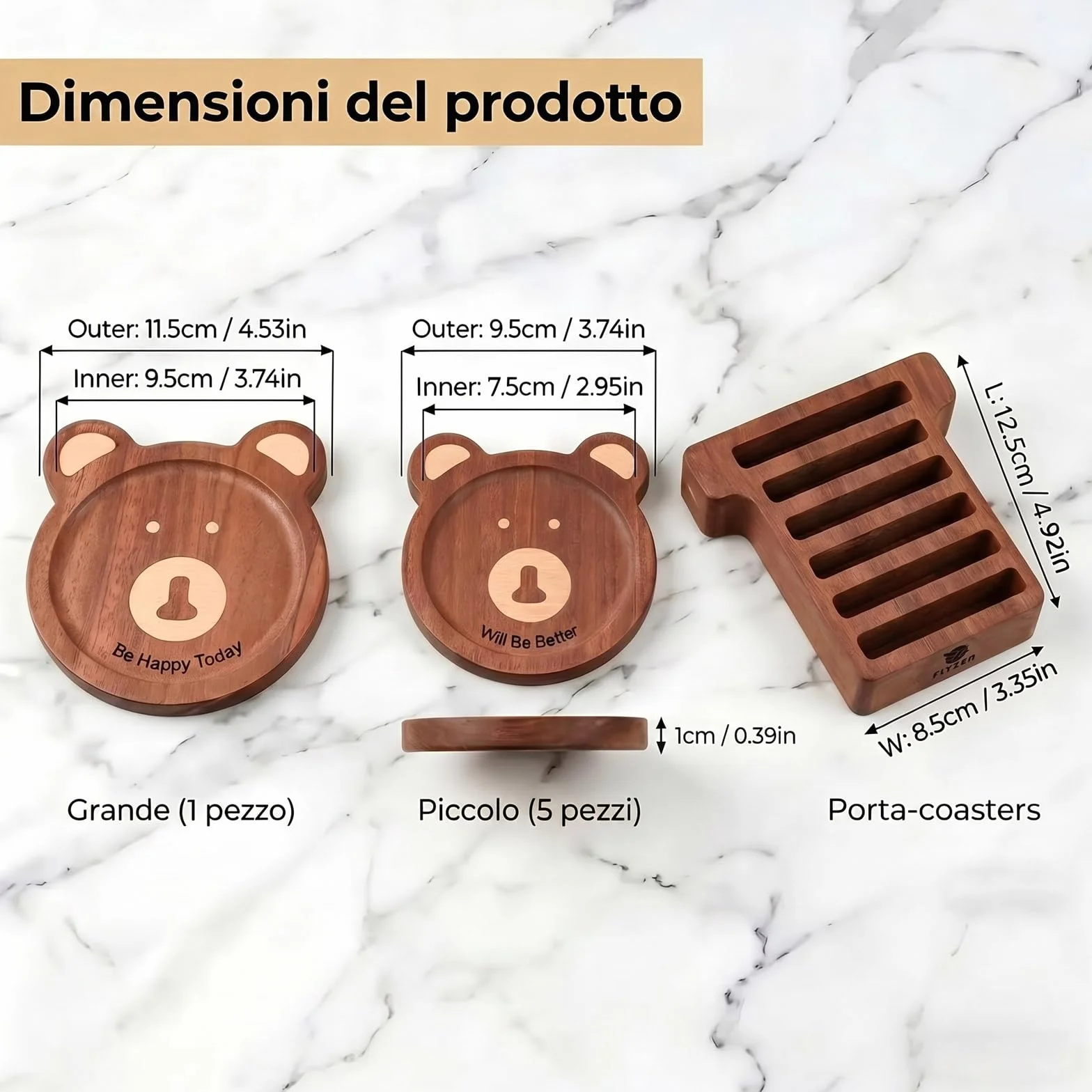 Set 6 sottobicchieri legno rotondi orso incastonato mano 11,5x9,5x1 cm marrone scuro