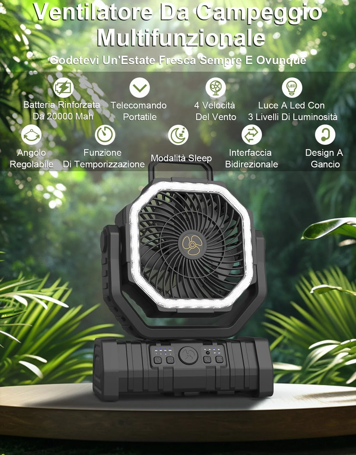 Richday 20000mAh con lanterna LED Ventilatore da campeggio Ventilatore silenzioso a 4 velocità Rotazione di 270° Ventilatore da campeggio all'aperto per uffici Tenda da camera da letto Campeggio