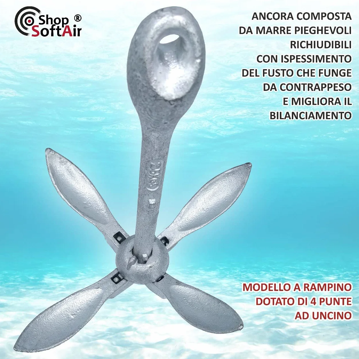 Kit Ancora a Ombrello Pieghevole in Acciaio Zincato e Cima Galleggiante 30 Metri Levilene Arancione Ormeggio e Moschettone in Acciaio Inox Aisi 316