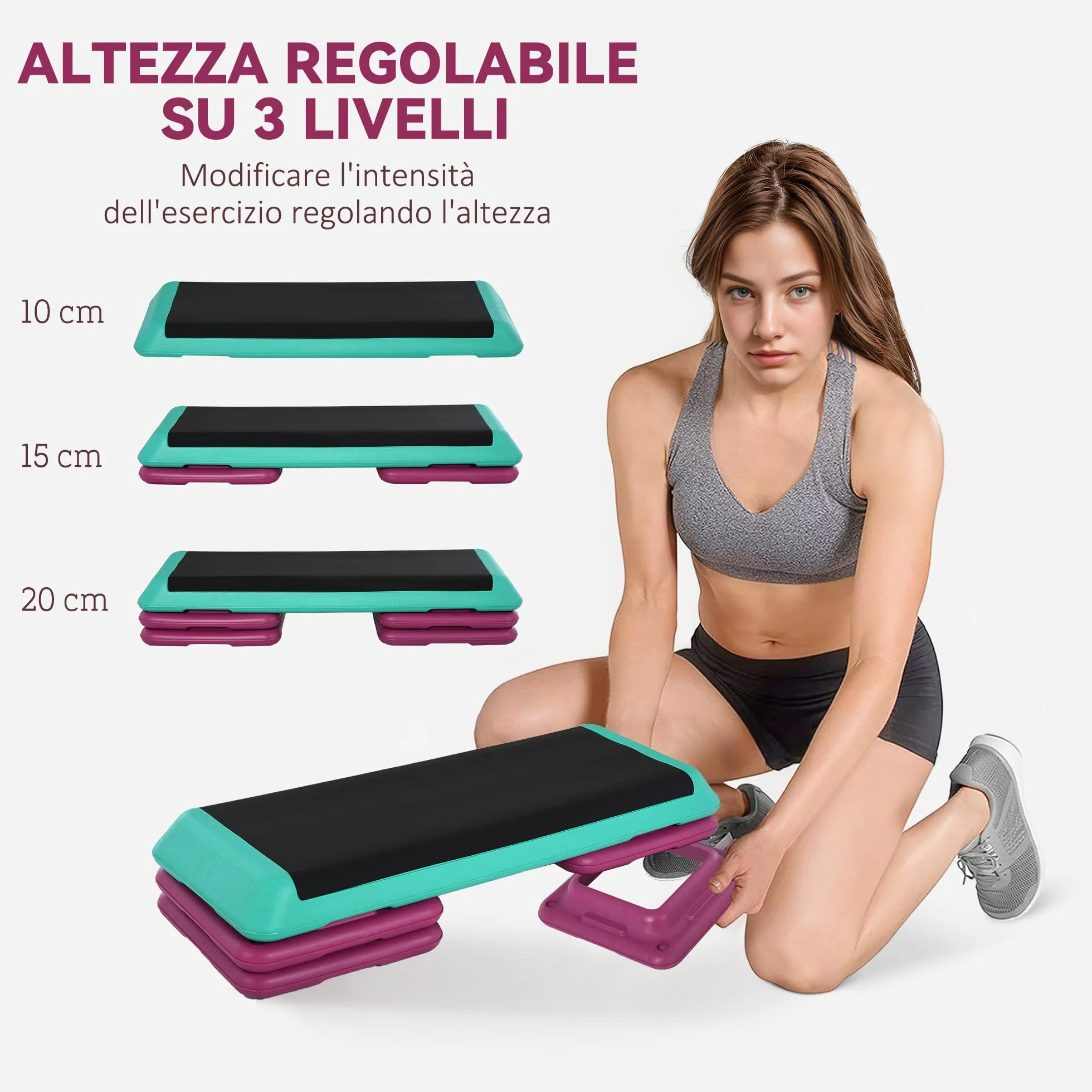 HOMCOM Stepper Aerobica Regolabile 3 Livelli Antiscivolo Fitness Casa 110x40x20 cm Nero Verde Viola