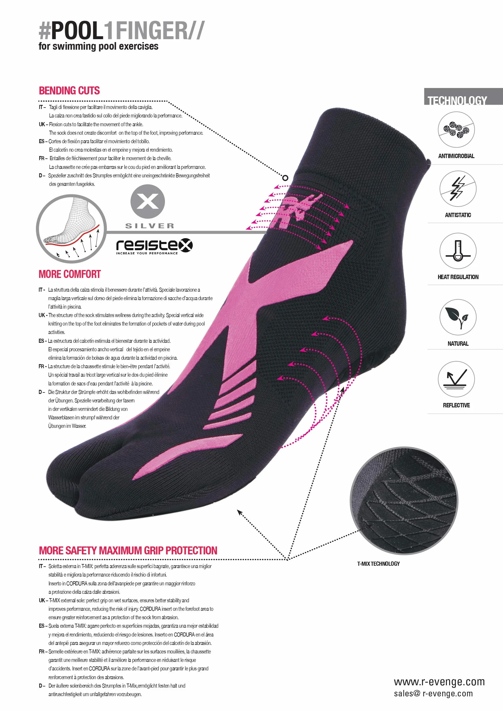 R-EVENGE CALZA TECNICA POOL 1 FINGER ATTIVITÀ IN PISCINA E SU SUPERFICI BAGNATE, ANTISCIVOLO, ANTIBATTERICA, IDEALE PER NUOTO ACQUAGYM, HYDROBIKE,