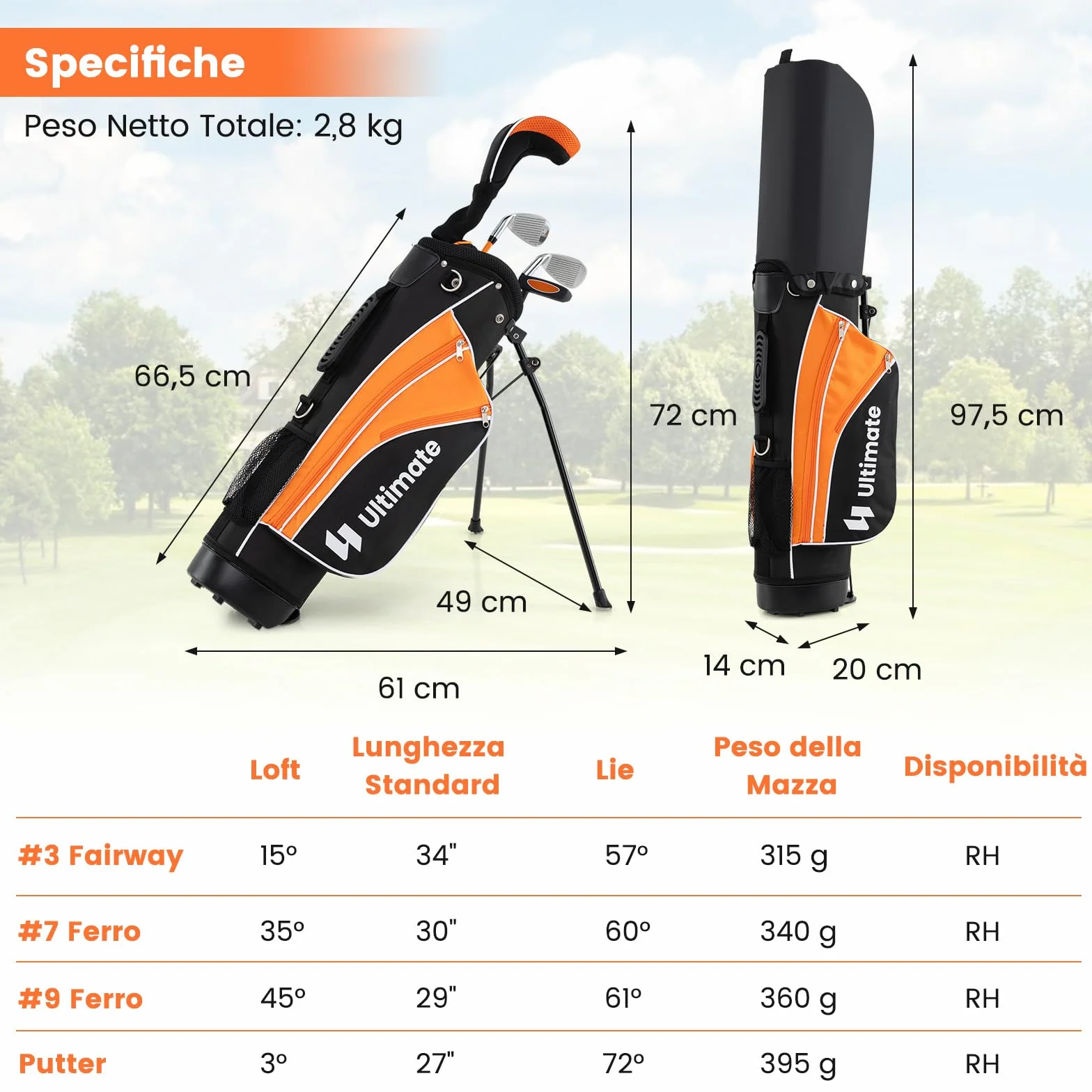 COSTWAY Set Completo Mazze da Golf Bambini Destrimano Fairway 3 Ferri 7 9 Putter Borsa Portatile