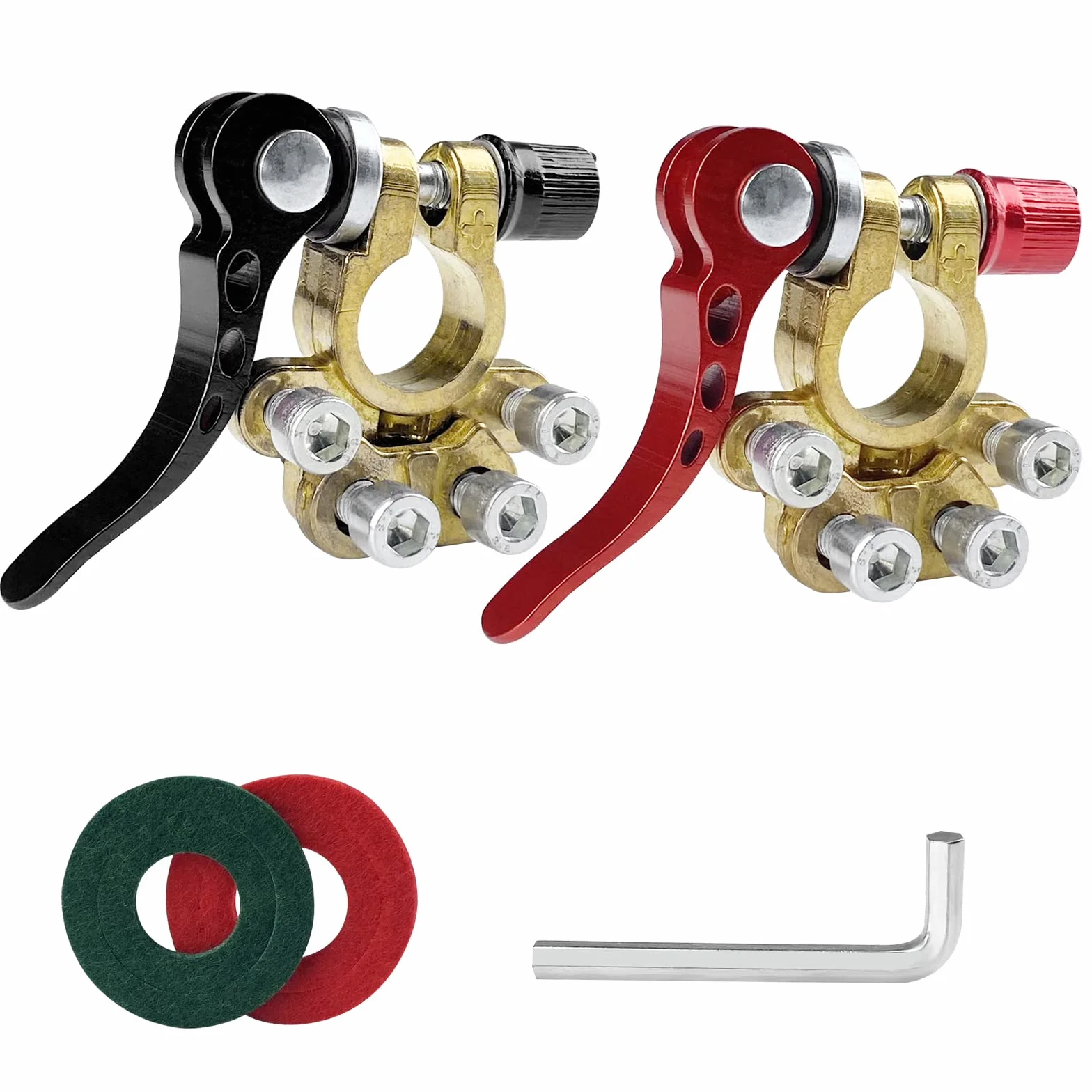 Gvolatee 2 pieces Terminali Batteria Ottone, Morsetti Batteria Positivo e Negativo Sgancio Rapido con Rondelle Anti Corrosivo Protezione, Connettori Morsetto Batteria per Auto Barca Moto Camion