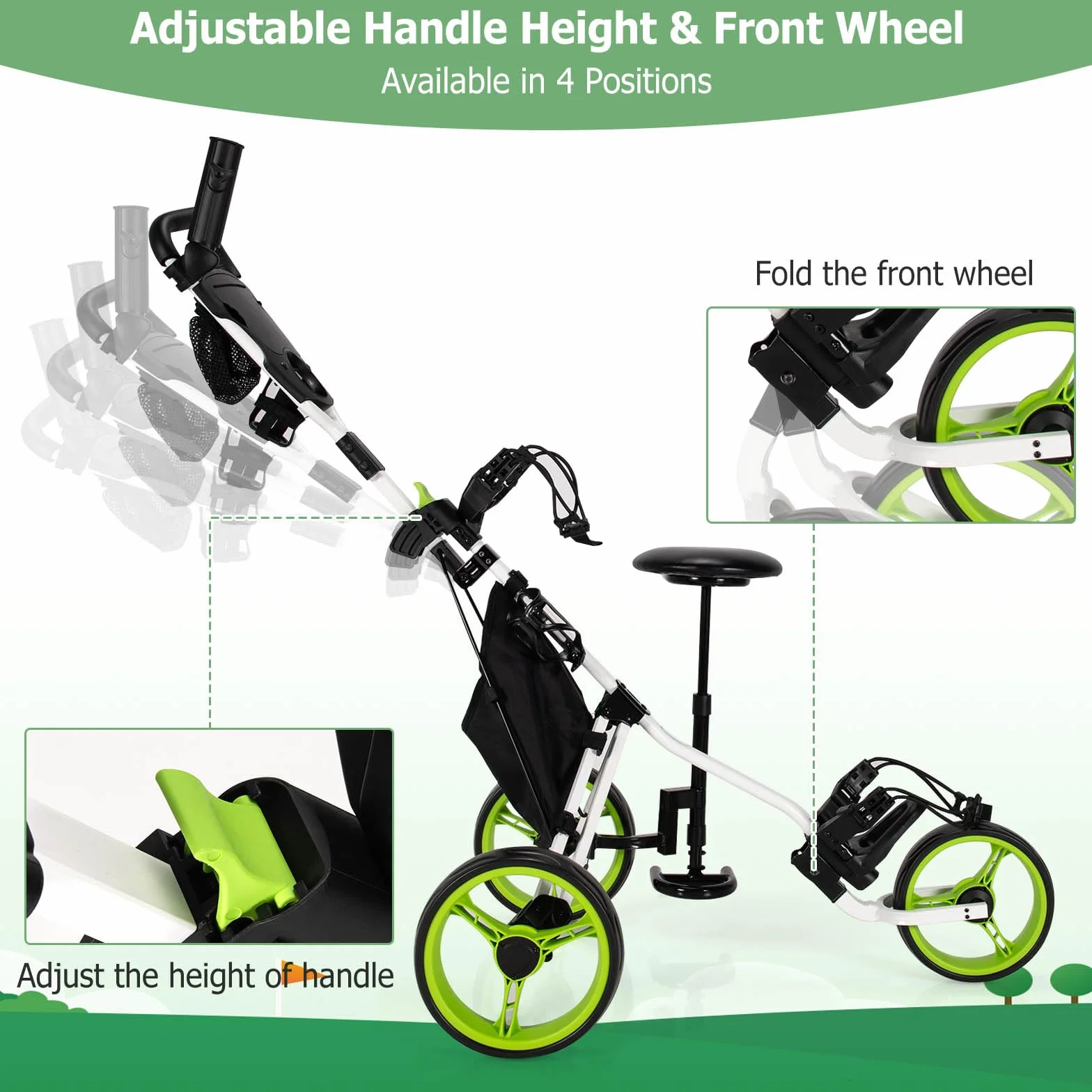 LIFEZEAL Carrello da golf pieghevole 3 ruote con segnapunti portaombrello custodia freno a piede metallo
