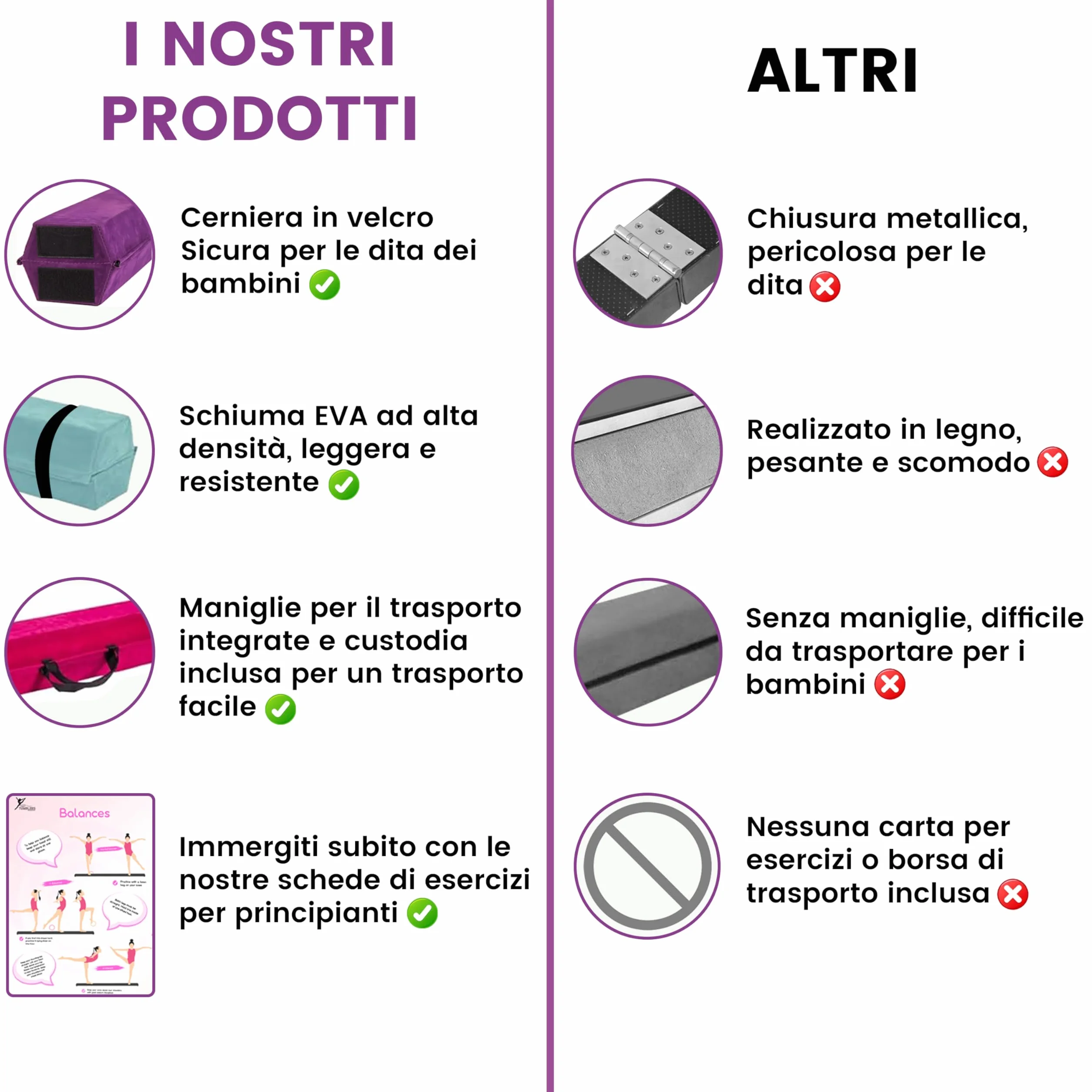 Trave ginnastica artistica per casa 210/240/270/300 cm - Attrezzatura equilibrio bambini - Finta pelle scamosciata, schiuma EVA alta densità