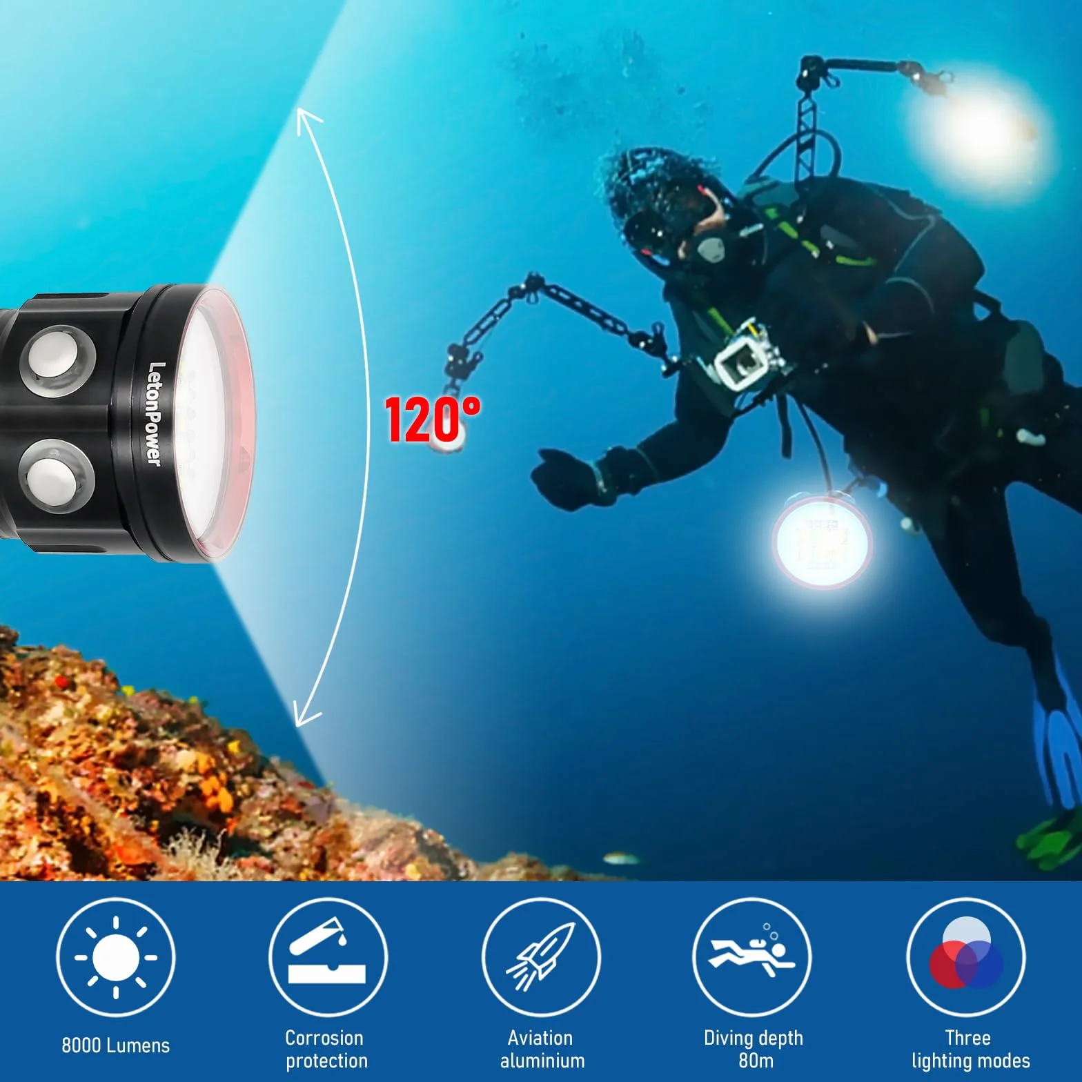 Torcia subacquea 8000Lumens 80m Video Light Scuba Dive Light