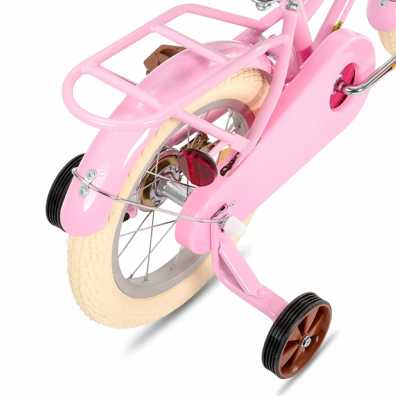 Bicicletta per bambini 12-18 pollici con cestino e ruote stabilizzatrici verde e rosa