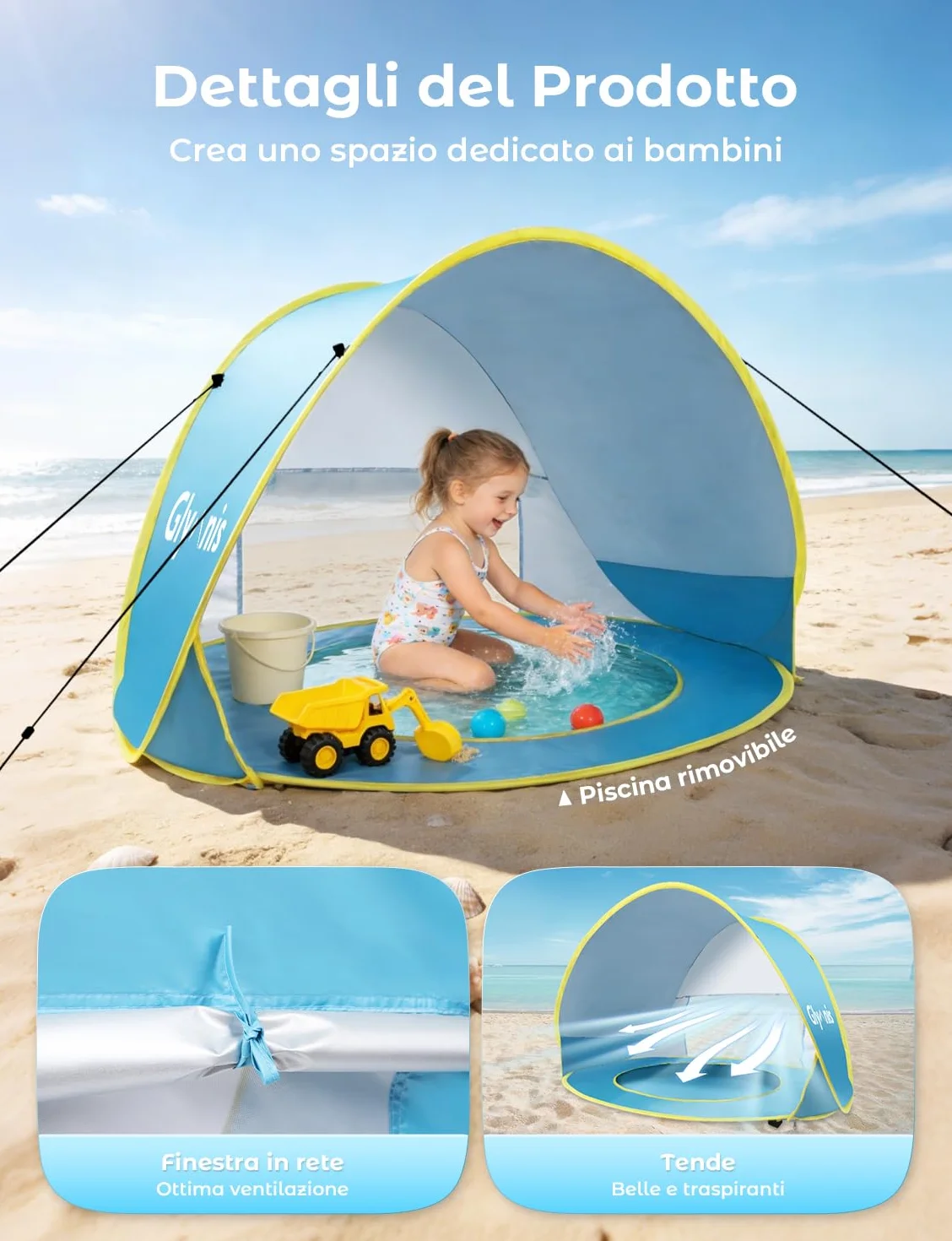 Glymnis Tenda da Spiaggia Bambini Tenda Bambini Pop Up con Mini Piscina Tenda per Neonati Pieghevole Portatile Protezione Solare UPF 50+, Blu