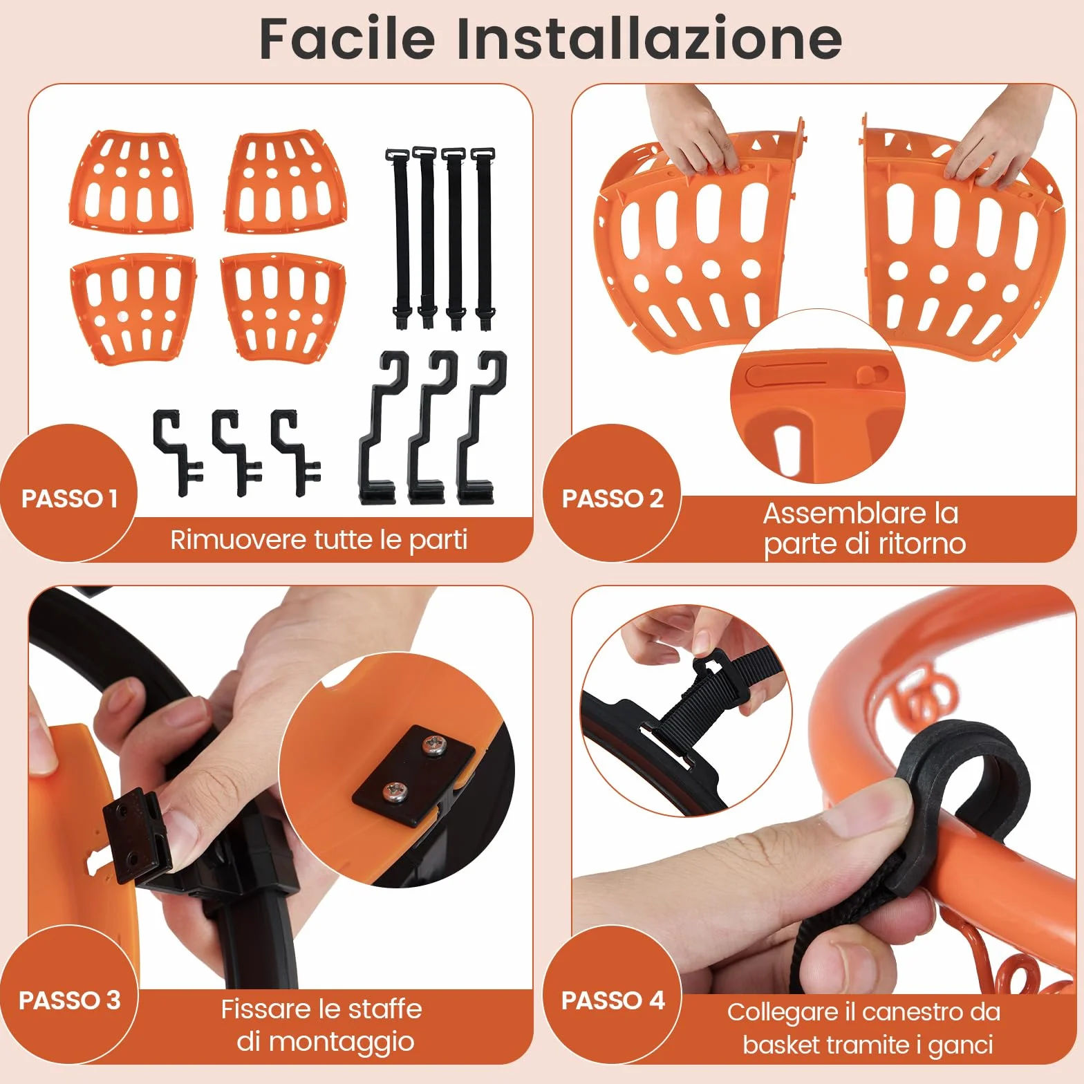 COSTWAY Sistema di Ritorno Palla Basket Rotante 360° 4 Ganci Smontabili Allenamento Tiro