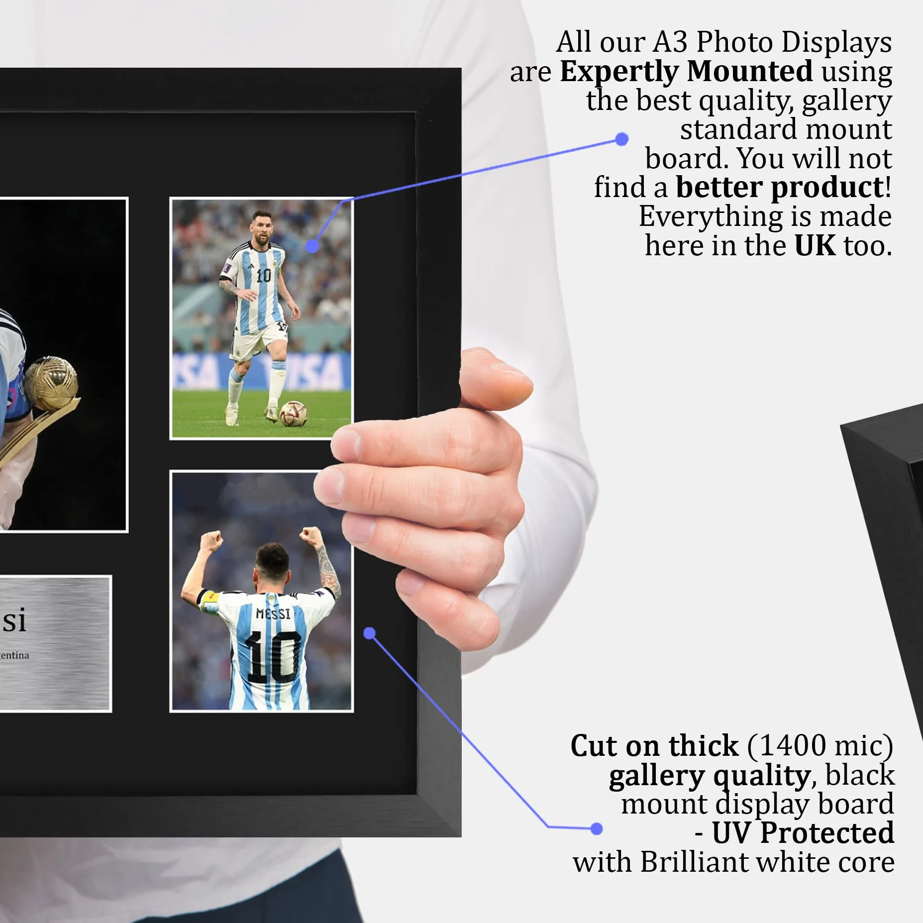 Quadretto con foto e autografo di Lionel Messi dell'Argentina formato A3 con cornice