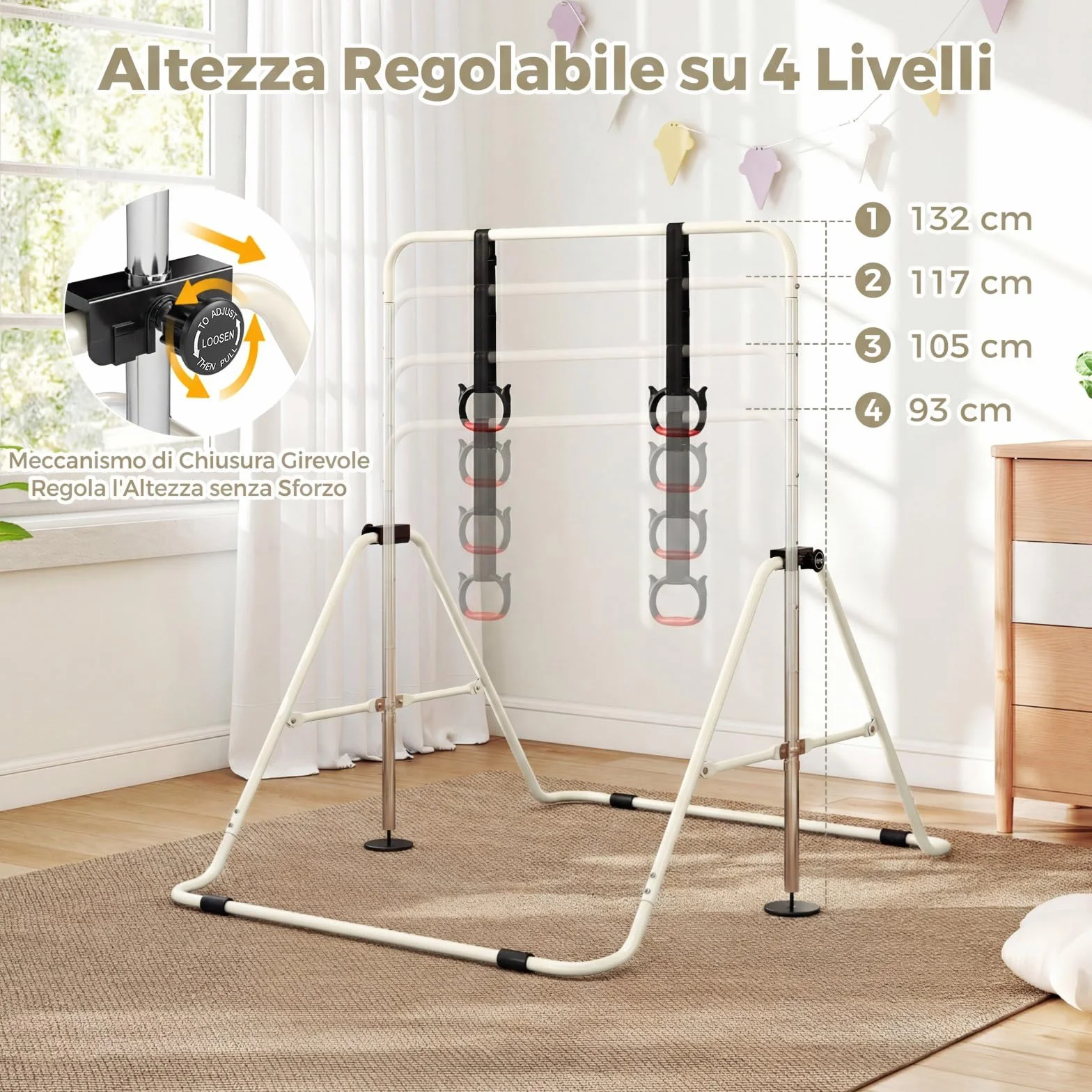 COSTWAY Sbarra Ginnastica Pieghevole per Bambini, Regolabile a 4 Livelli con Anelli e Cuscinetti Antiscivolo
