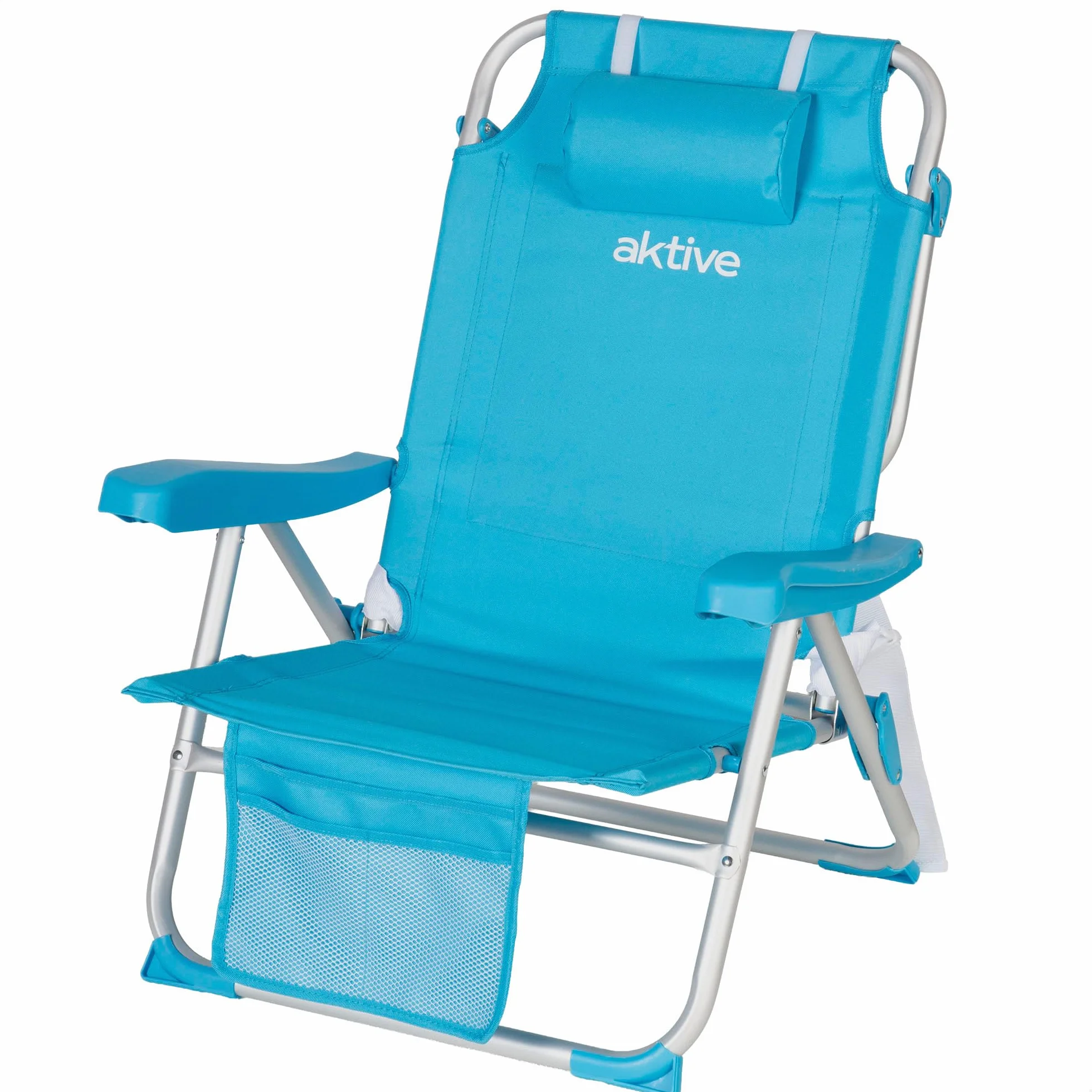 AKTIVE Sedia da spiaggia pieghevole 49x58x80 cm, con cuscino, sedia zaino pieghevole, schienale reclinabile, con due tasche, blu pastello (53983)