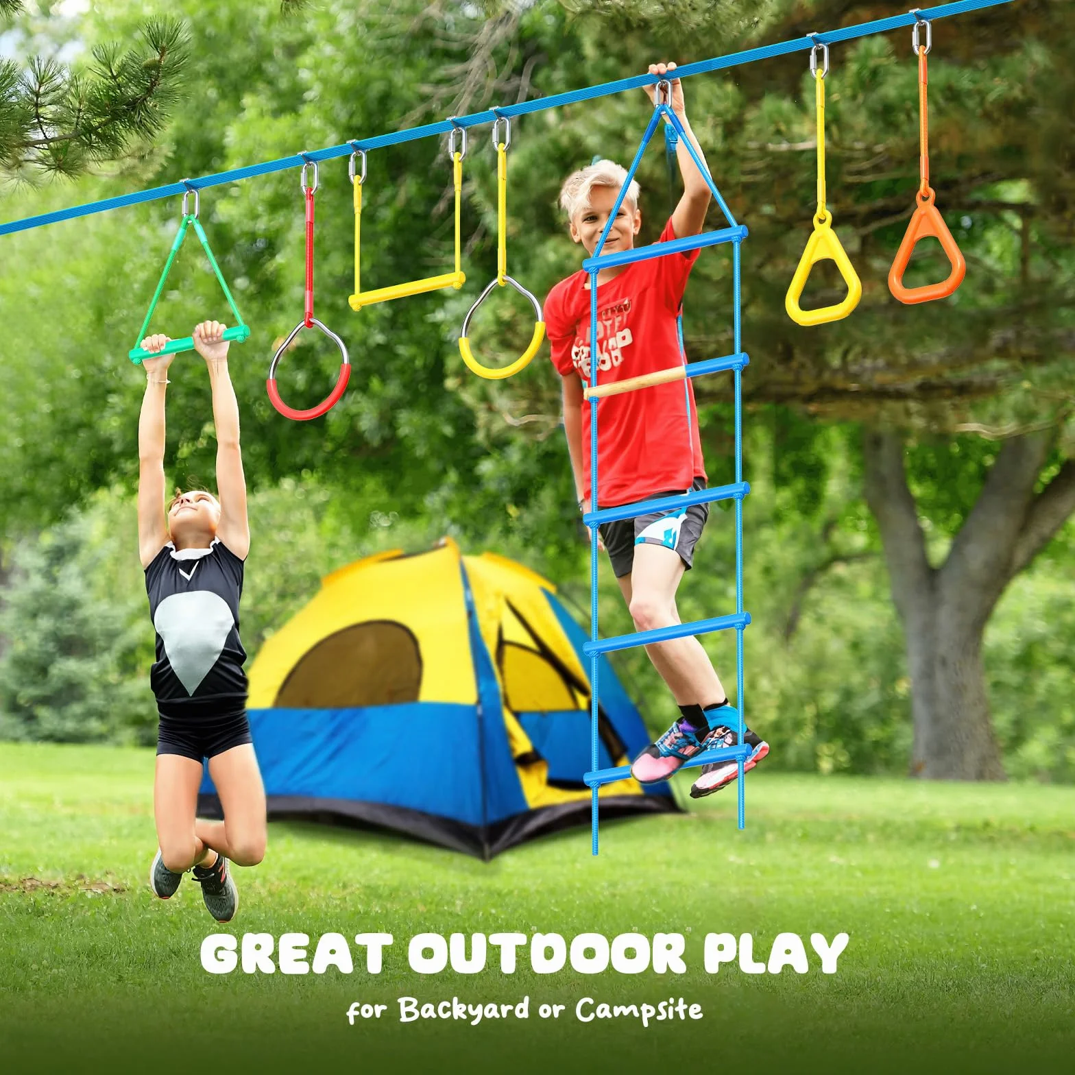Hapfan 2X50ft Slackline Linea per Bambini con Carrucola, Set di Ostacoli da Arrampicata con Pali, Scala, Anelli e Protezione per Alberi (Blu)