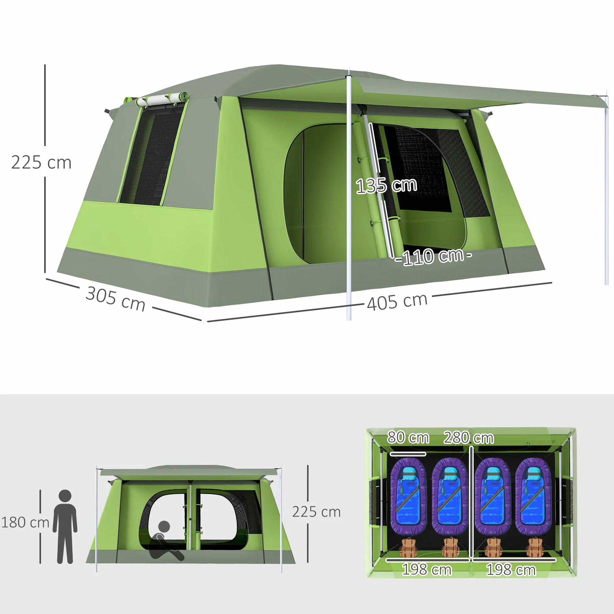 Outsunny Tenda da Campeggio a Tunnel 4 Persone 2 Stanze Impermeabile 3000mm 405x305x225cm Verde
