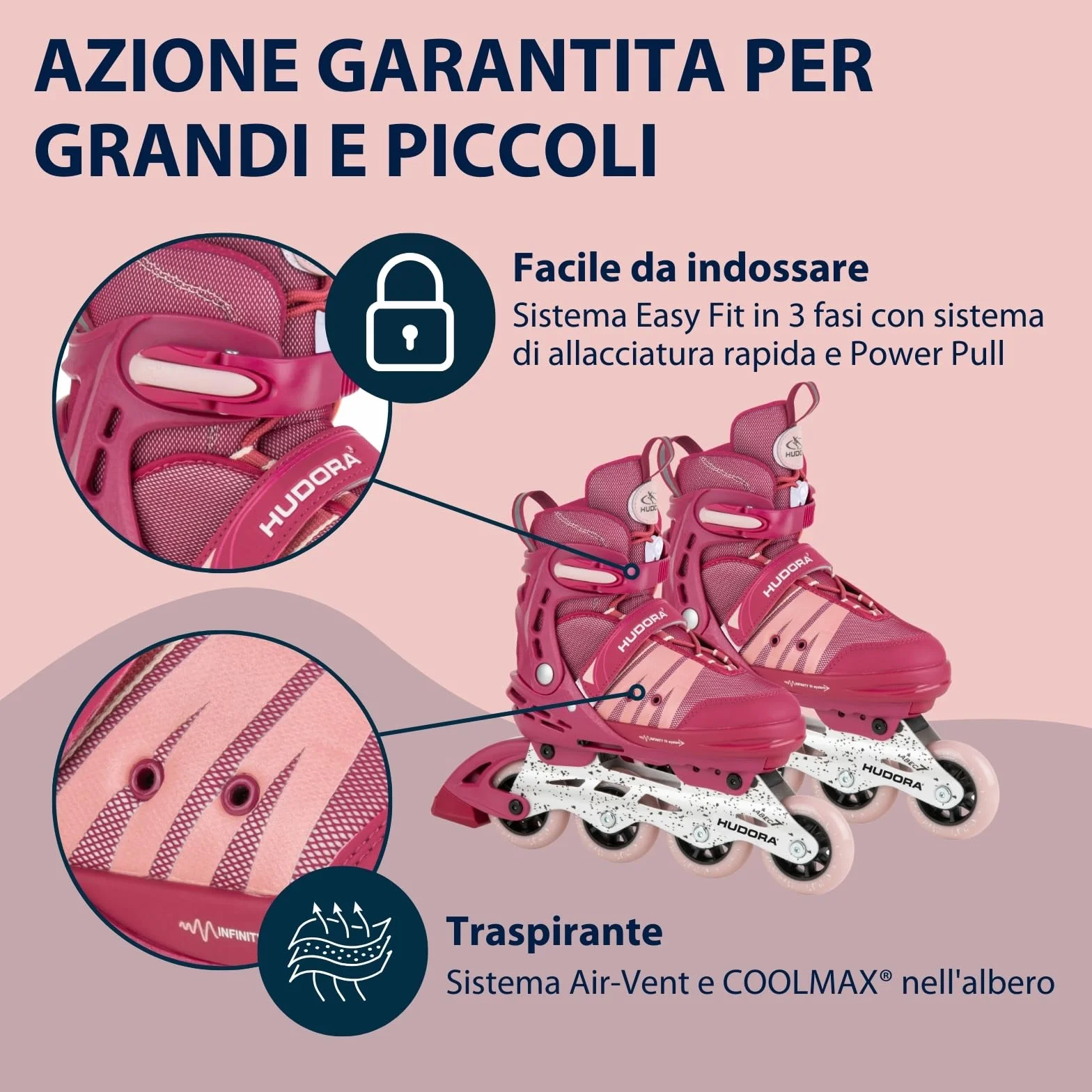 HUDORA Pattini in linea Comfort - Pattini a rotelle regolabili bambini ragazzi 6 misure larghezza lunghezza traspiranti