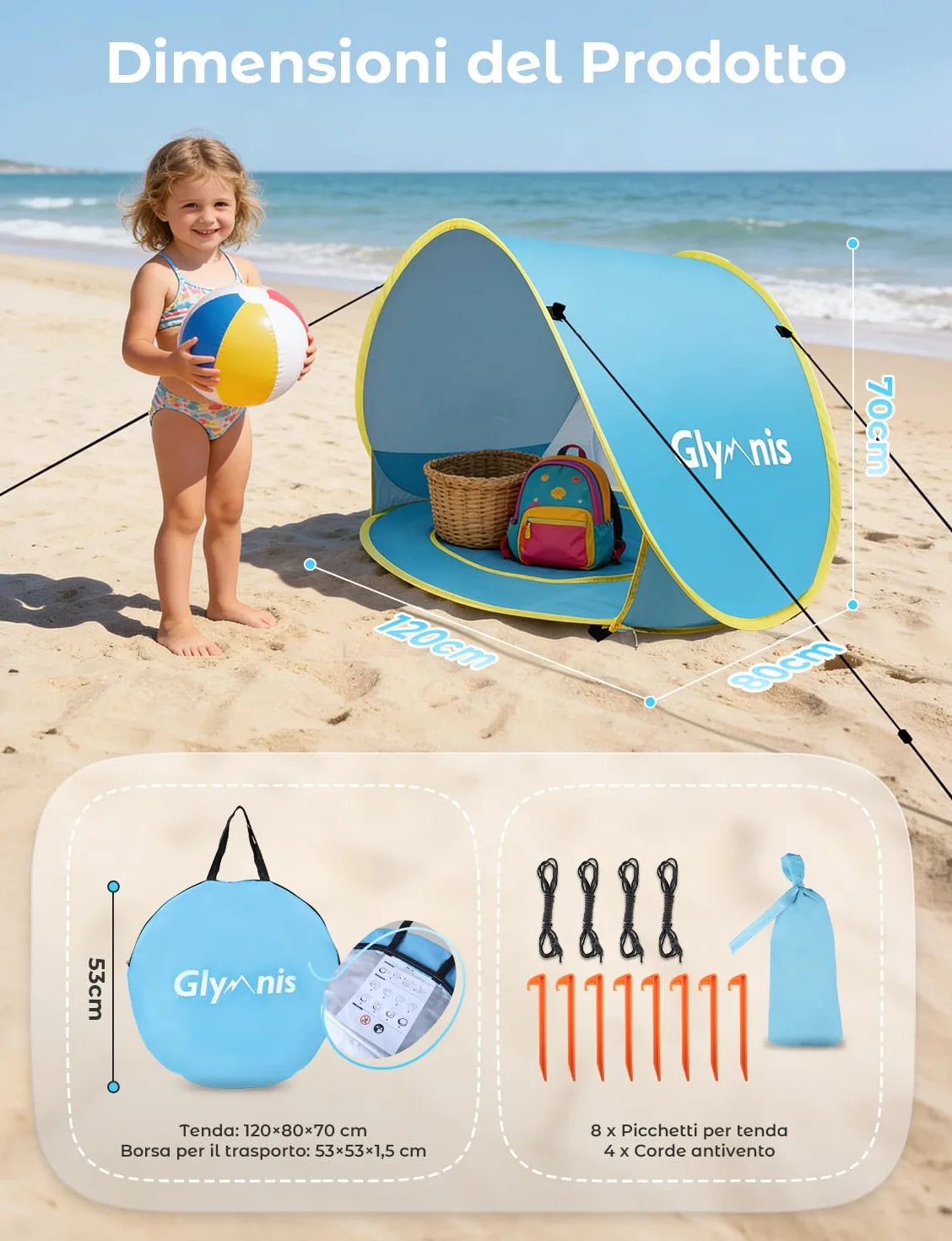 Glymnis Tenda da Spiaggia Bambini Tenda Bambini Pop Up con Mini Piscina Tenda per Neonati Pieghevole Portatile Protezione Solare UPF 50+, Blu
