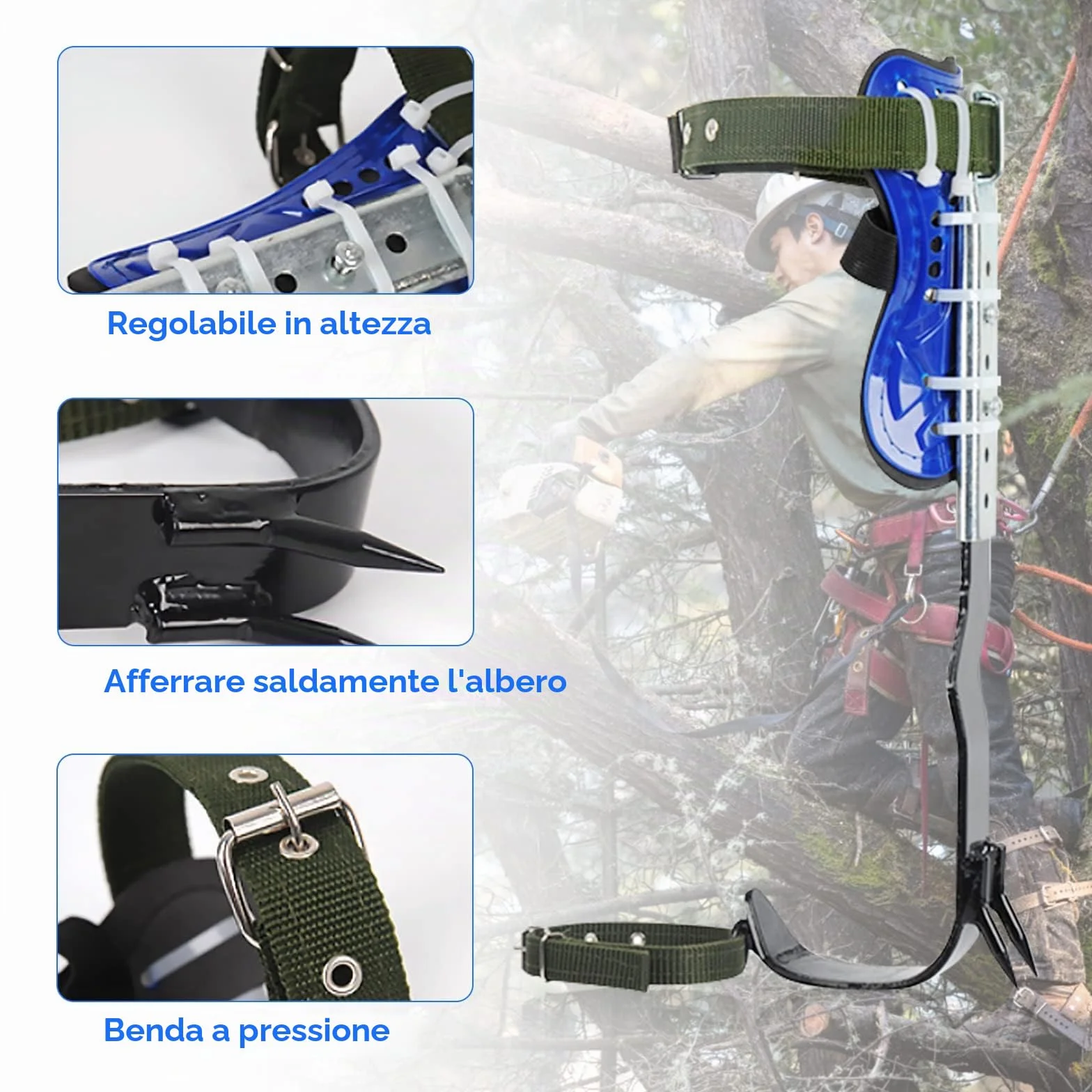 Set ramponi da arrampicata su alberi con imbracatura sicurezza 5 punti corpo
