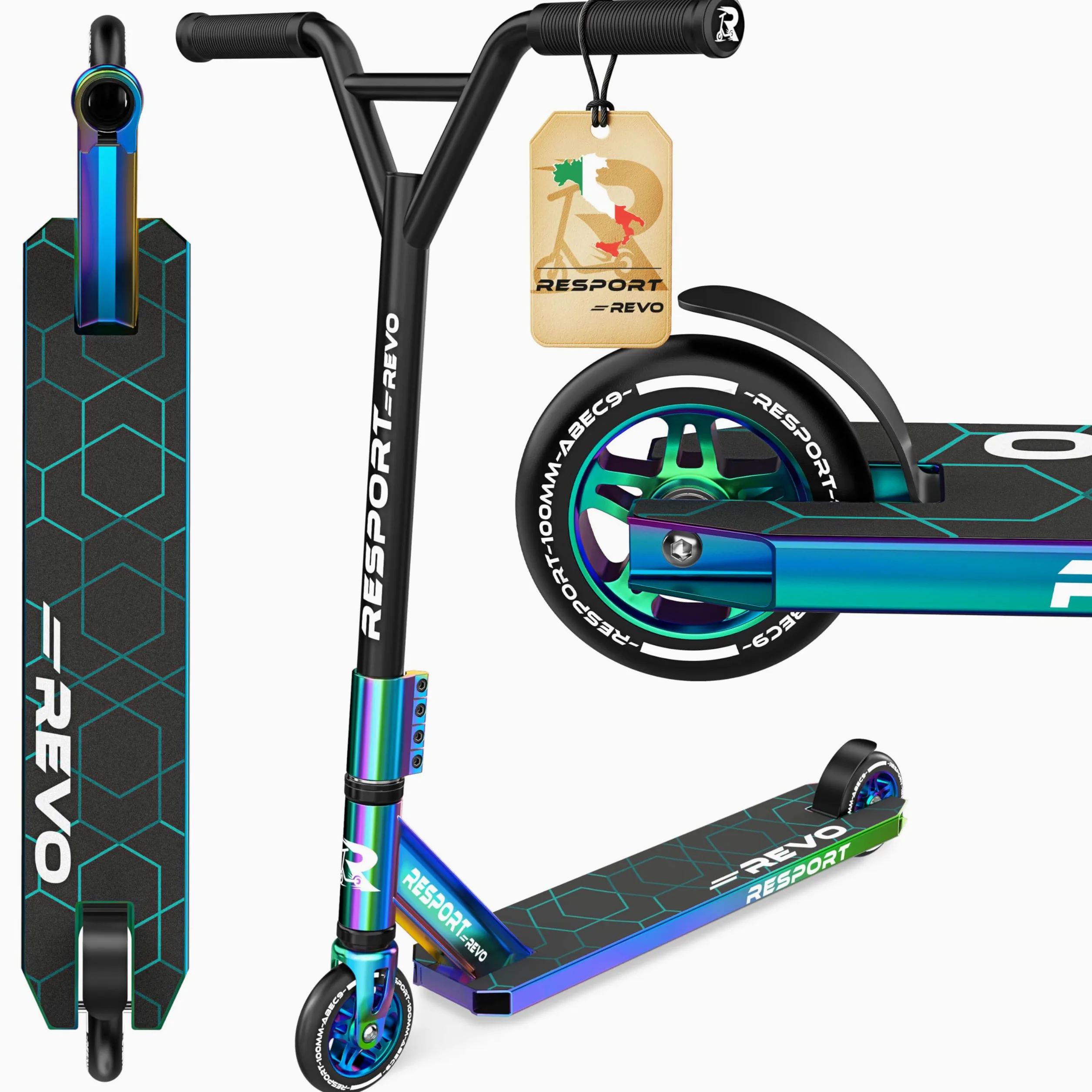 RE:SPORT Stunt Scooter REVO per bambini e adulti con supporto, 100 mm, ruote in poliuretano e Y-Bar, per acrobazia, scooter ABEC 9, cuscinetti a sfera
