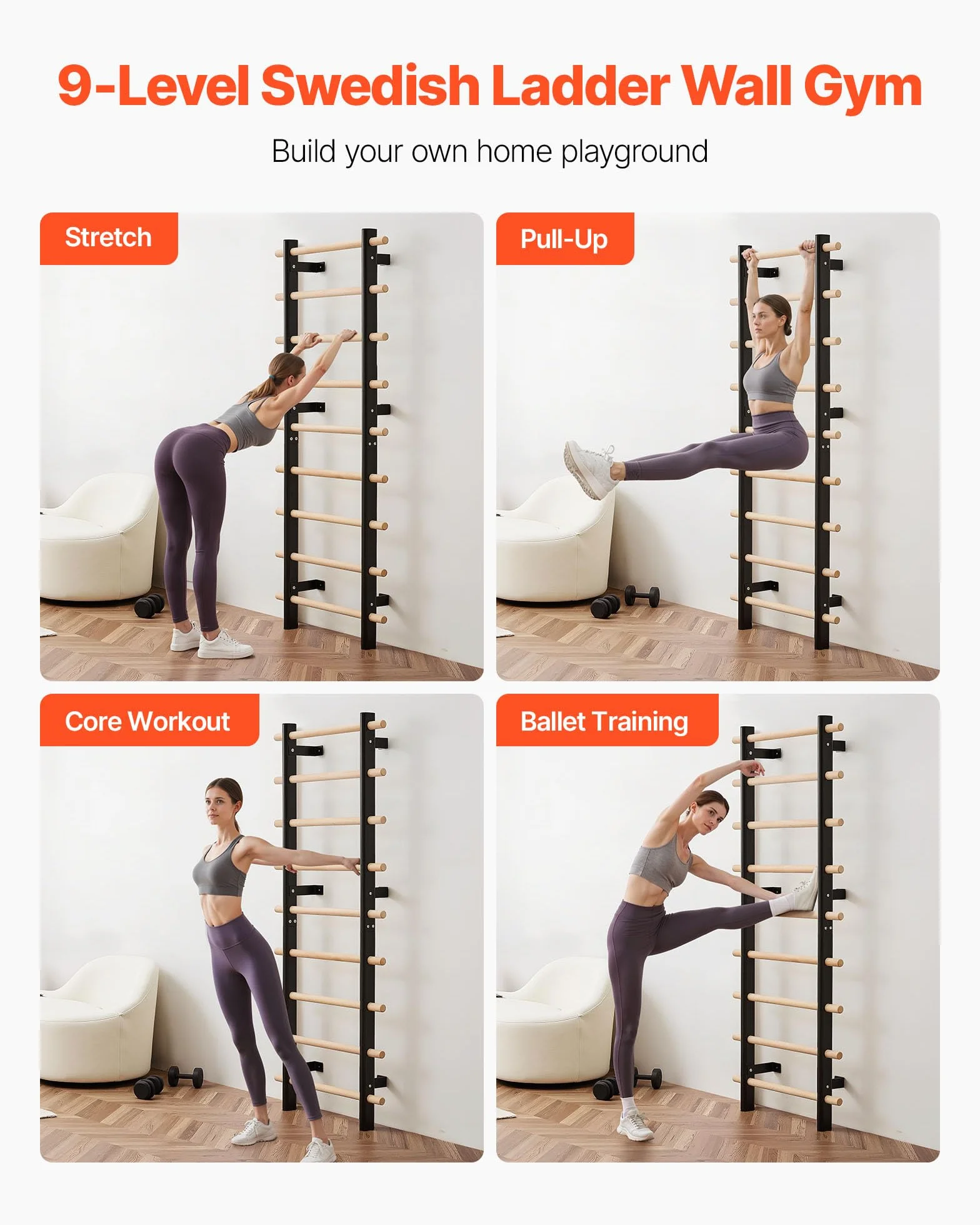 VEVOR Scala Svedese da Parete 150 kg 9 Livelli Barre Ginnastica Legno Massello Acciaio Carbonio 80x80 mm