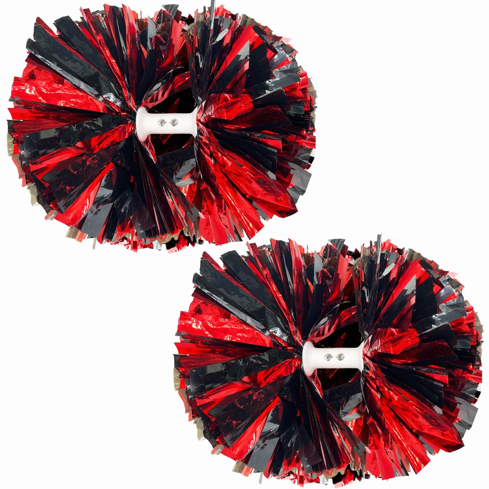 Pompon cheerleader neri e rossi 30,5 cm metallizzati con manico a bacchetta