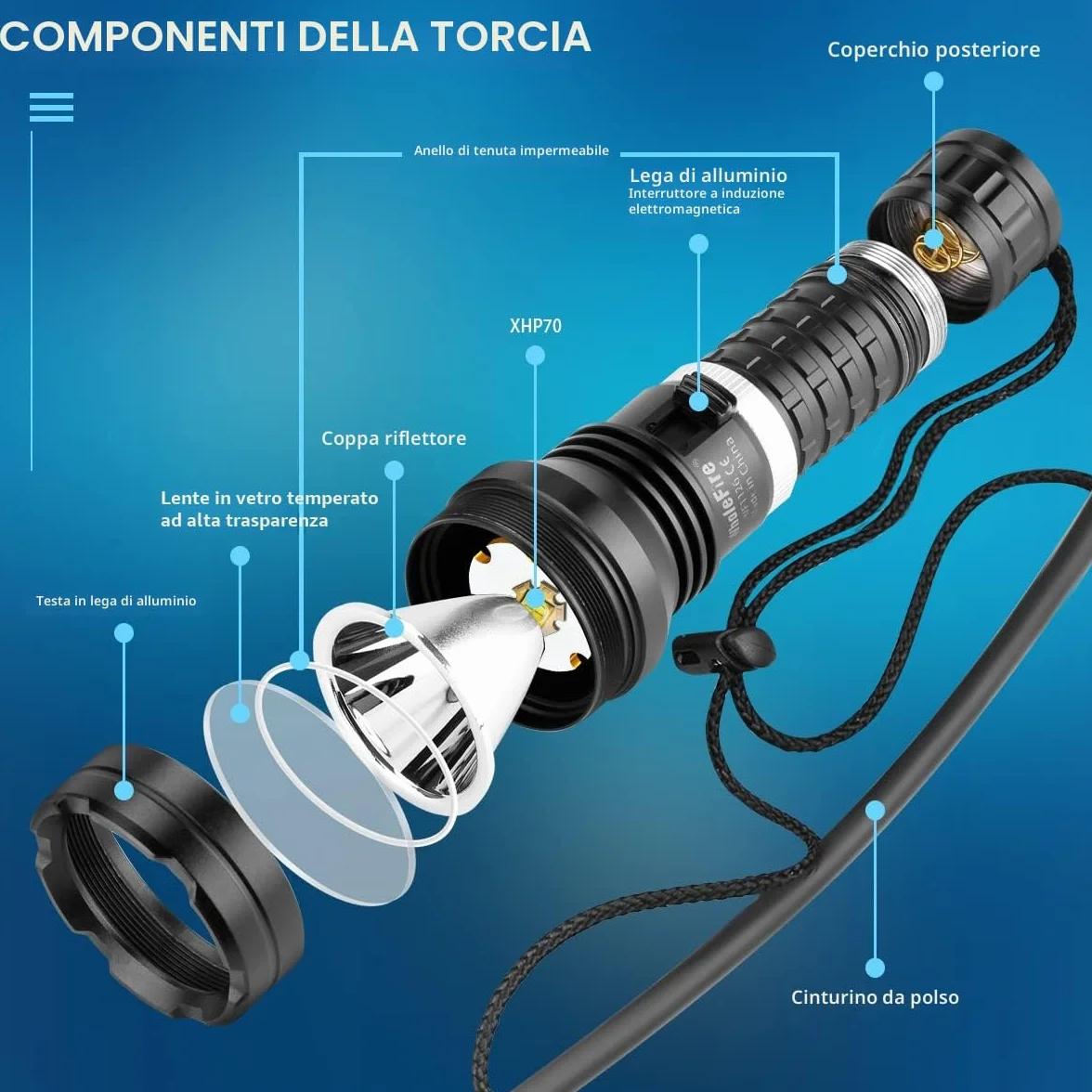 Lampada da immersione LED XHP70 10000 lumens IPX8 impermeabile 50m torcia subacquea ricaricabile