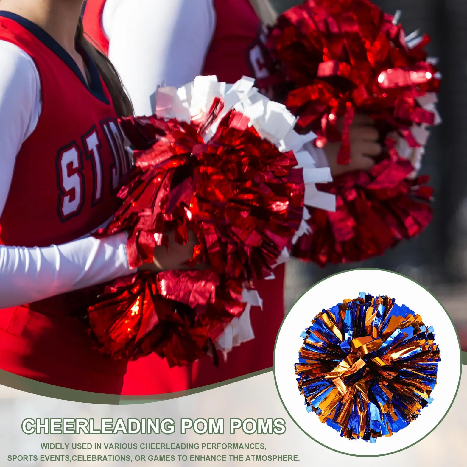 Pompon da cheerleader metallizzati con anelli per manico per sport danza tifo