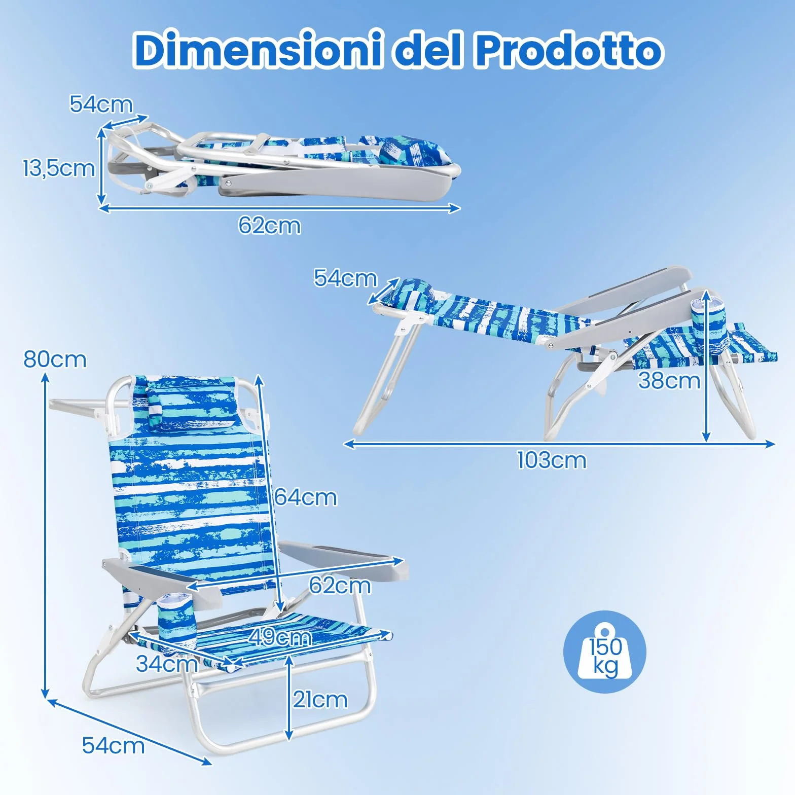 COSTWAY Set di 2 Sedie Pieghevoli da Spiaggia, Sdraio Regolabile 5 Posizioni, Portata 150 kg Blu