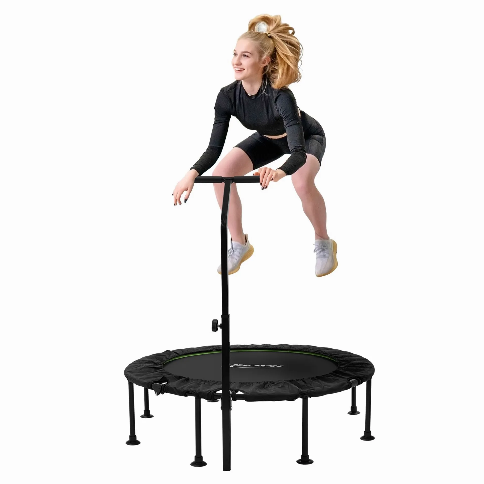 Hauki Trampolino Fitness Indoor con Maniglia Ø102cm/Ø122cm, Regolabile in Altezza, Capacita 150 kg Tappeto Elastico Silenzioso per Adulti, Mini Trampolino con Bungee, Rebounder per Esercizi a Scelta