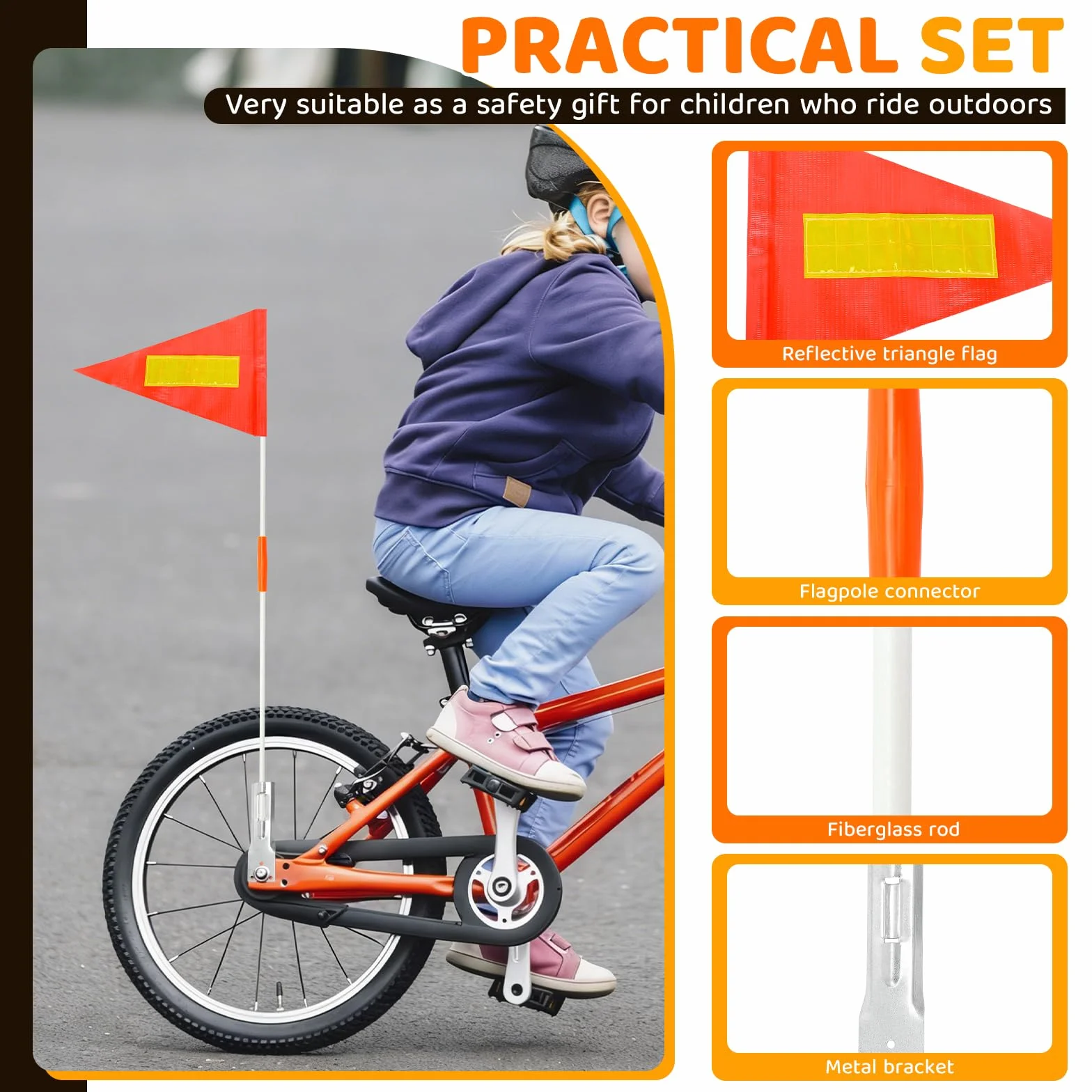 Bandiera di Sicurezza per Biciclette per Bambini, Arancione con Striscia Riflettente, Triangolare Riflettente
