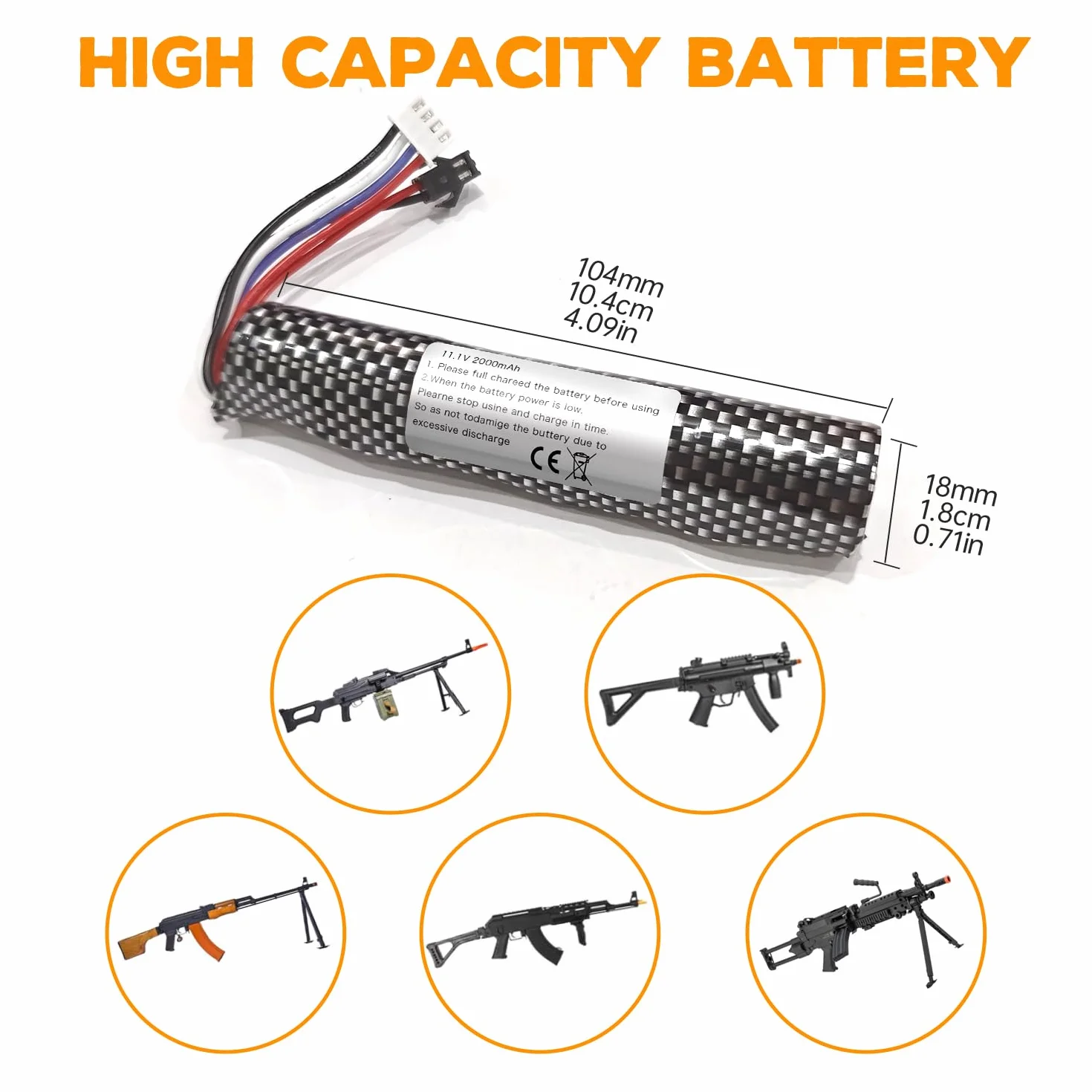 Batteria Li-ion 3S 11.1V 2000mAh SM-2P con cavo USB per Airsoft Gel Ball Blaster